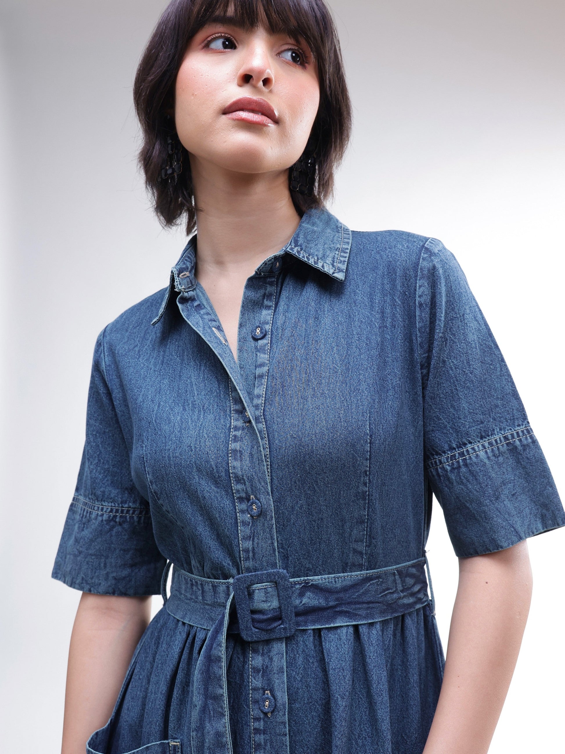 Blue Acid Washed Denim Belted Maxi Dress-SASSAFRAS