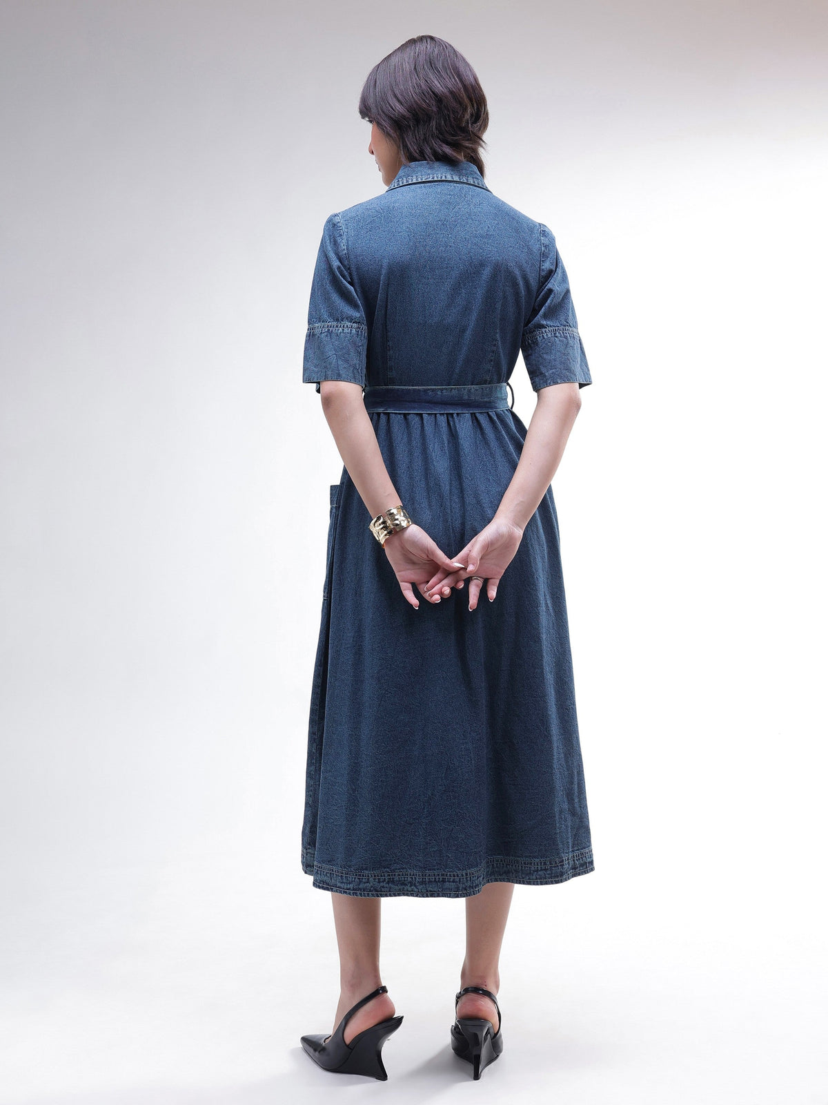 Blue Acid Washed Denim Belted Maxi Dress-SASSAFRAS