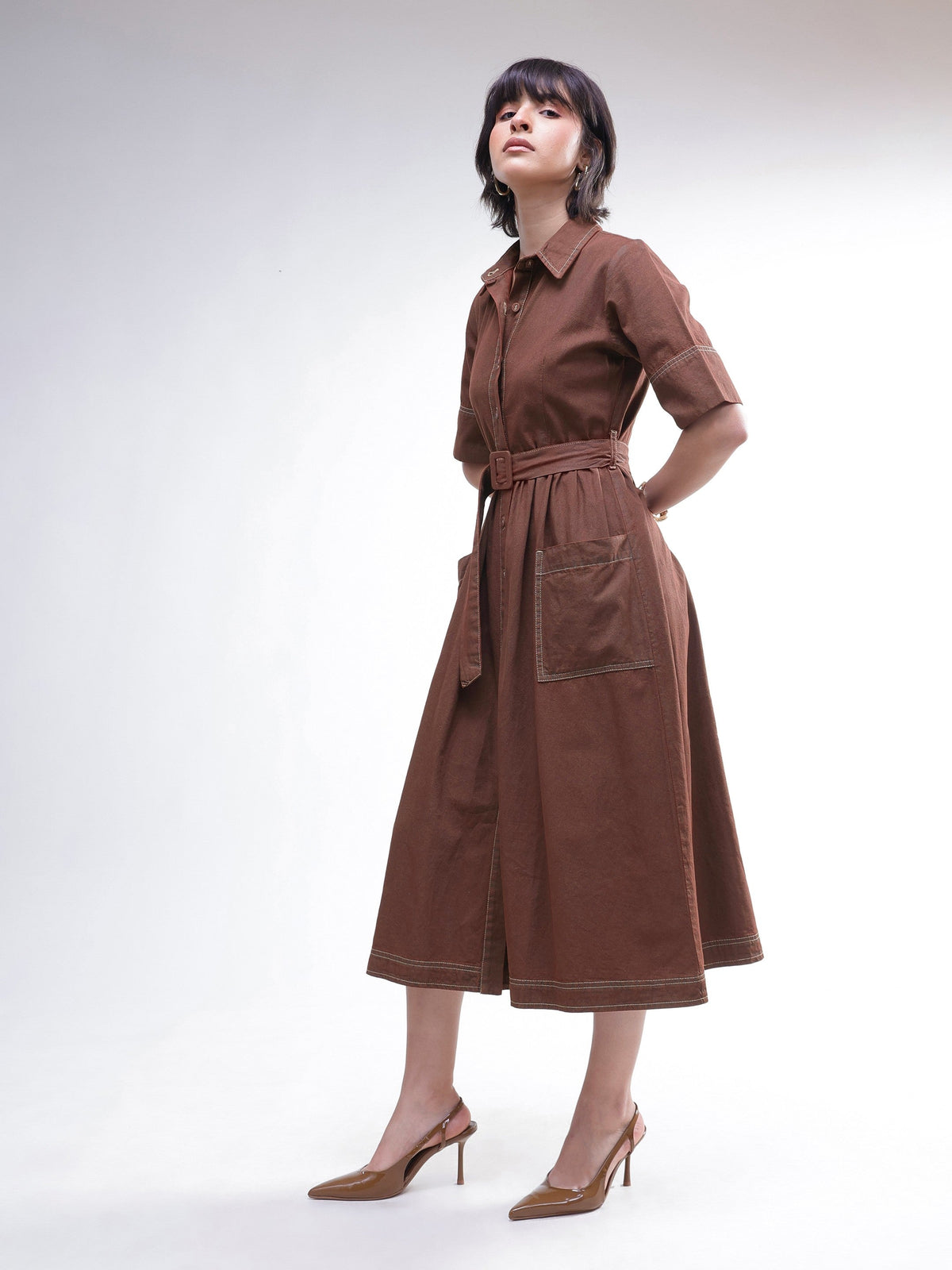 Brown Wash Denim Belted Maxi Dress-SASSAFRAS