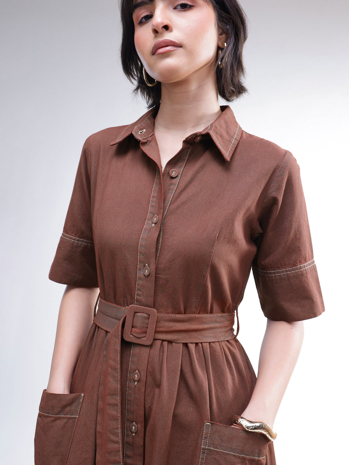 Brown Wash Denim Belted Maxi Dress-SASSAFRAS