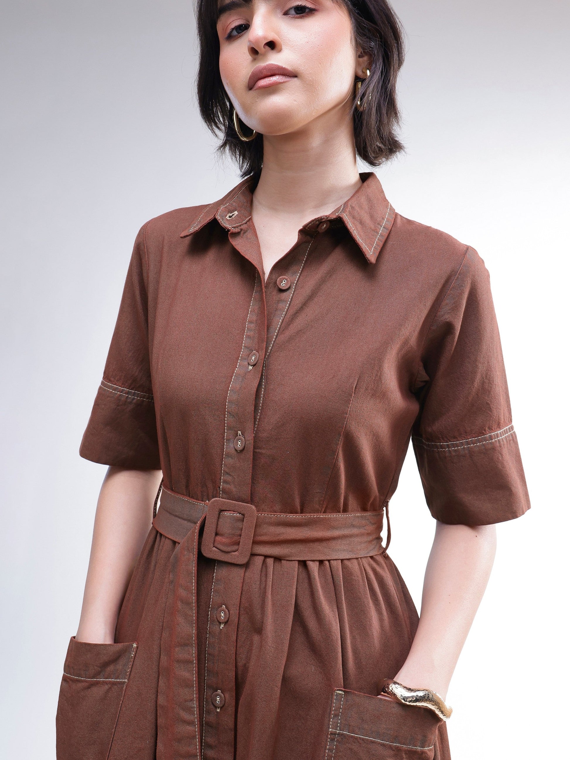 Brown Wash Denim Belted Maxi Dress-SASSAFRAS