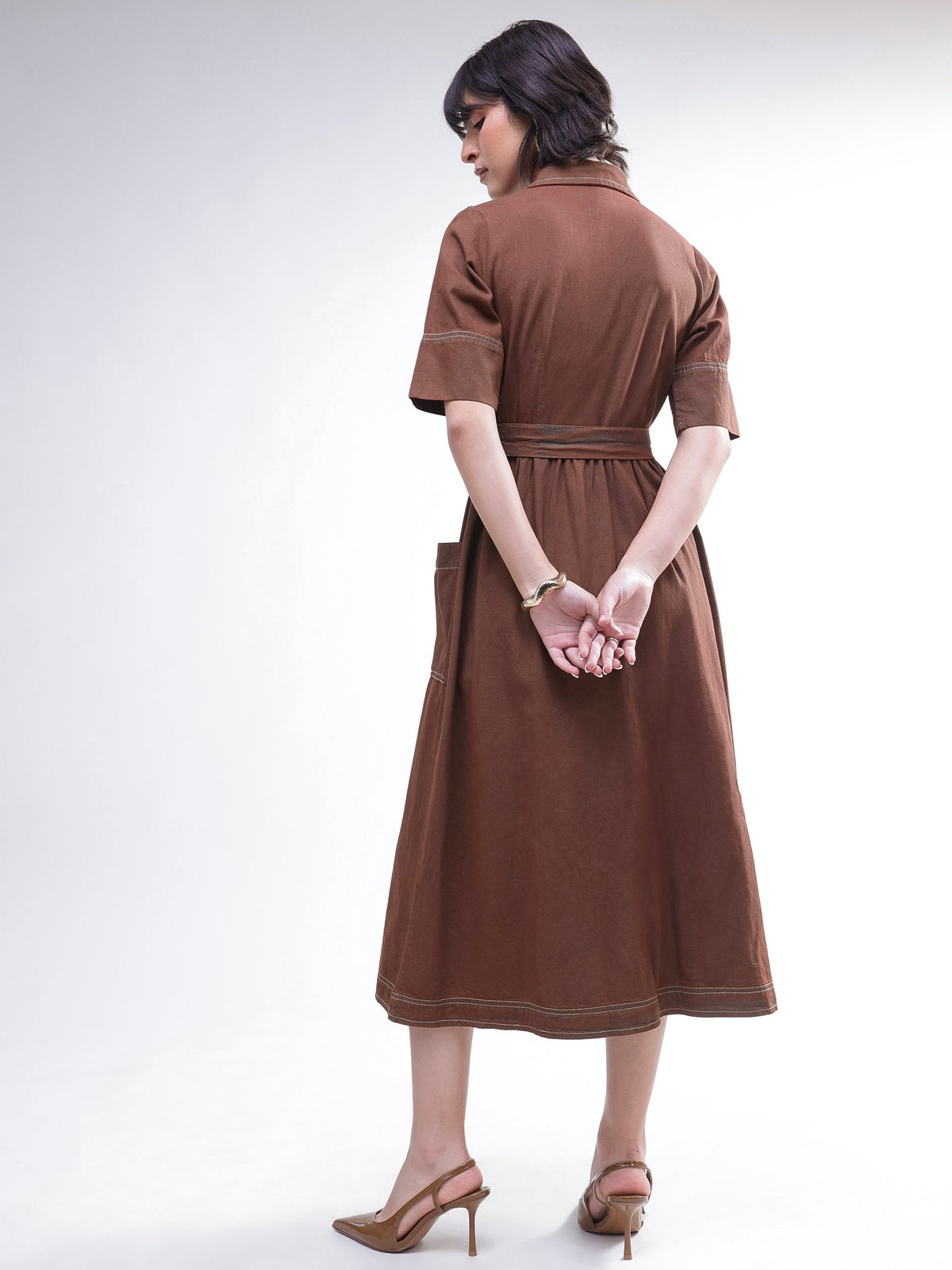 Brown Wash Denim Belted Maxi Dress-SASSAFRAS