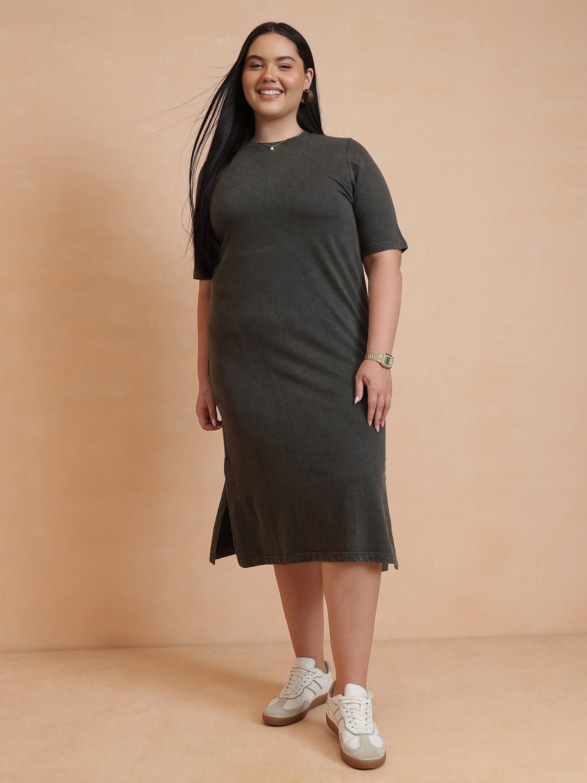 Olive Overdyed Round Neck T Shirt Dress-SASSAFRAS Curve