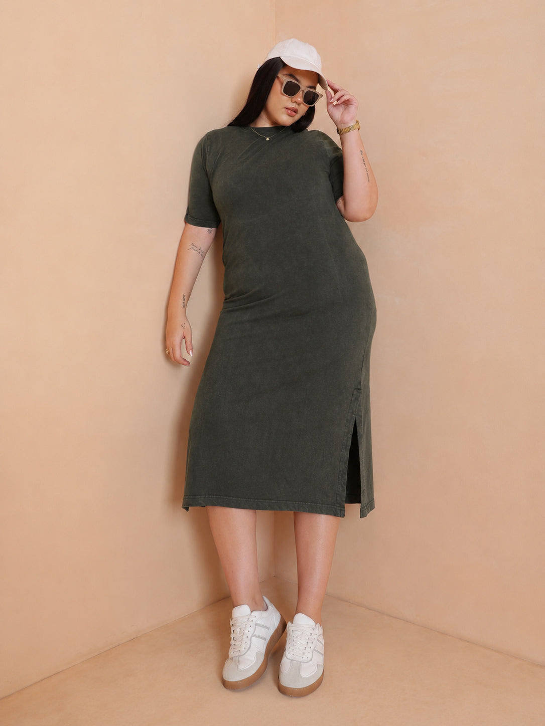 Olive Overdyed Round Neck T Shirt Dress-SASSAFRAS Curve