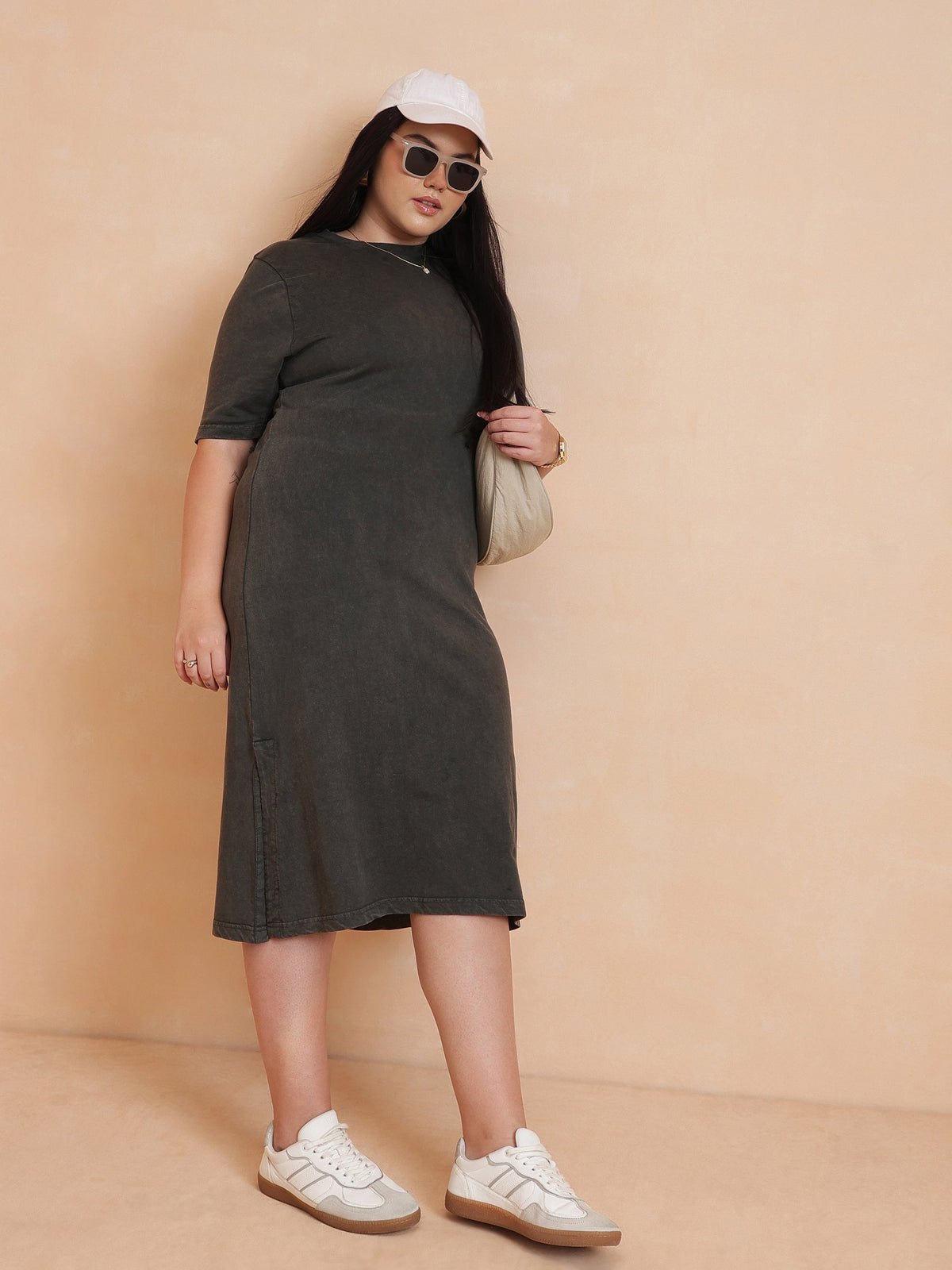 Olive Overdyed Round Neck T Shirt Dress-SASSAFRAS Curve