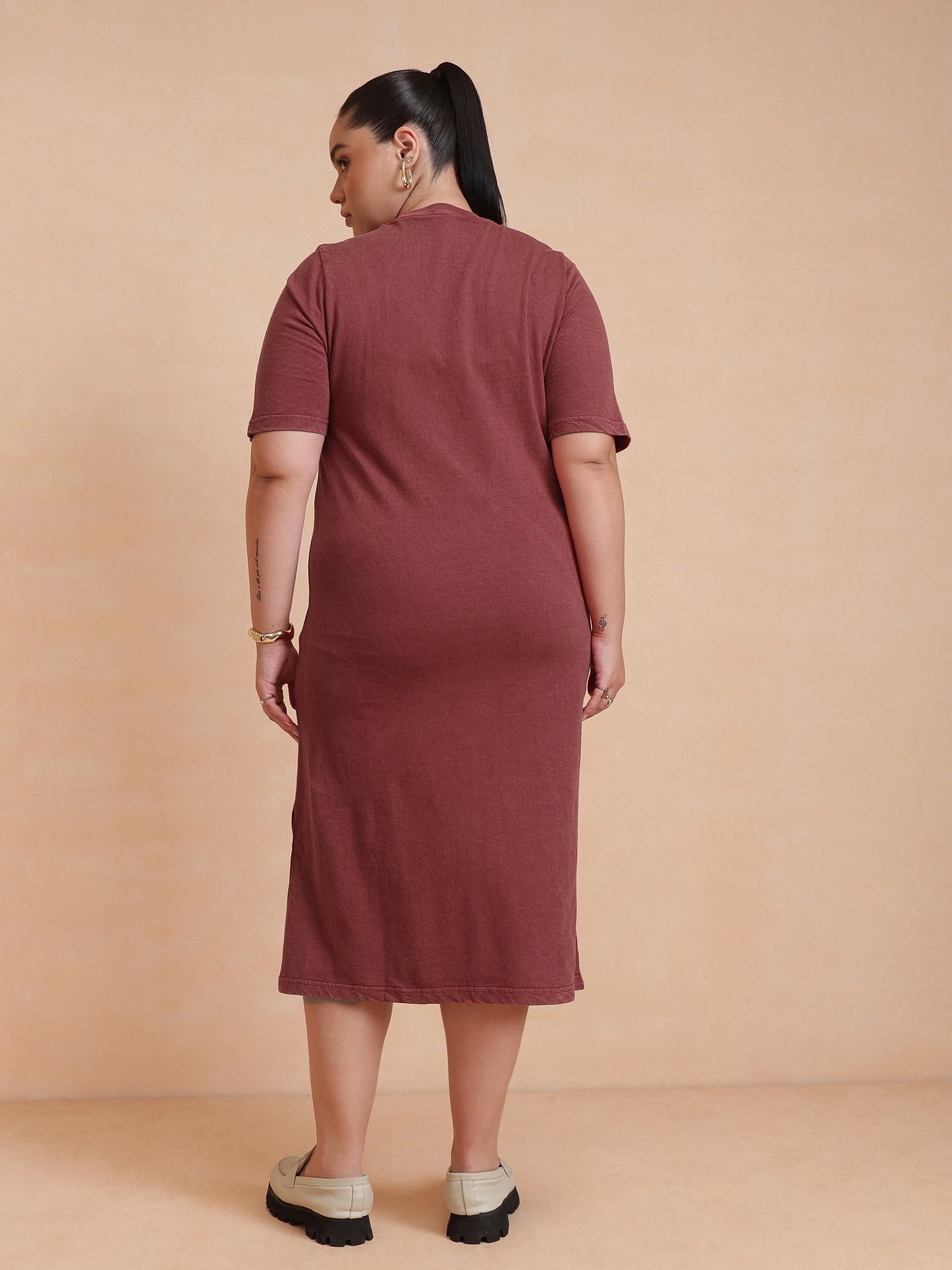 Red Overdyed Round Neck T Shirt Dress-SASSAFRAS Curve