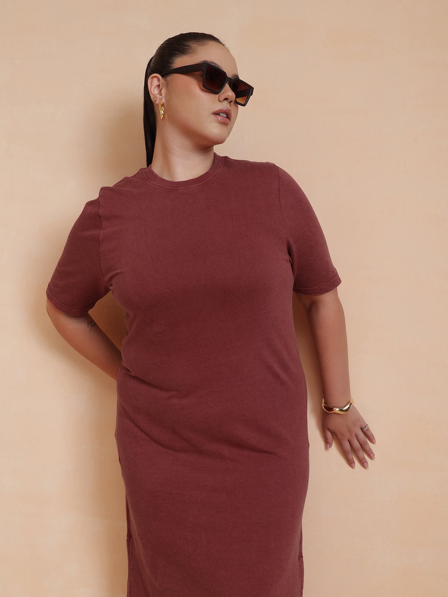 Red Overdyed Round Neck T Shirt Dress-SASSAFRAS Curve
