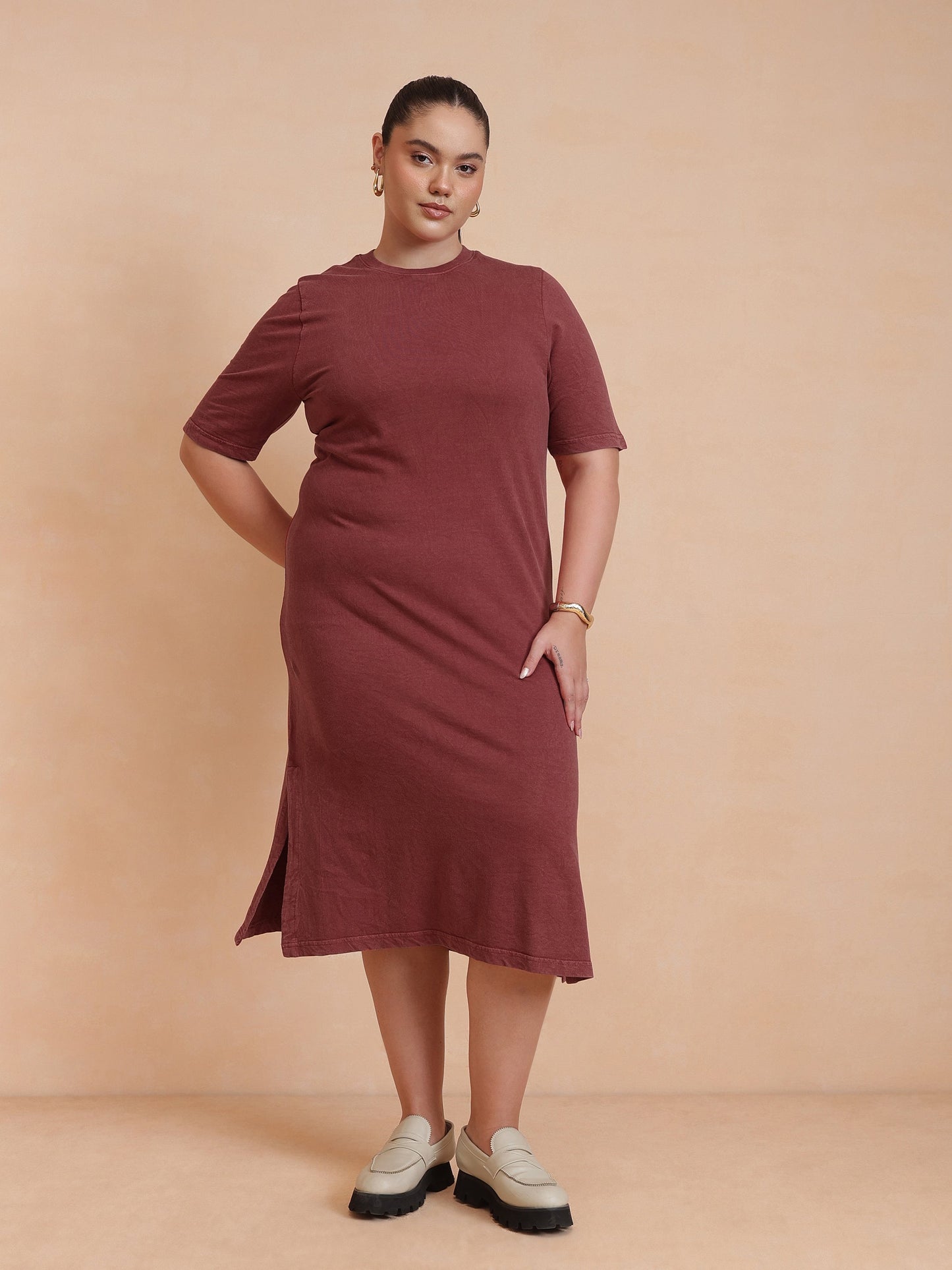 Red Overdyed Round Neck T Shirt Dress-SASSAFRAS Curve