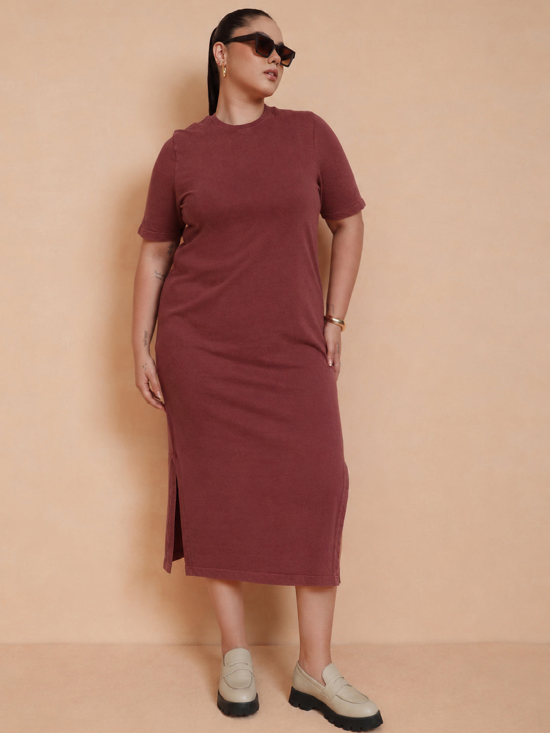 Red Overdyed Round Neck T Shirt Dress-SASSAFRAS Curve