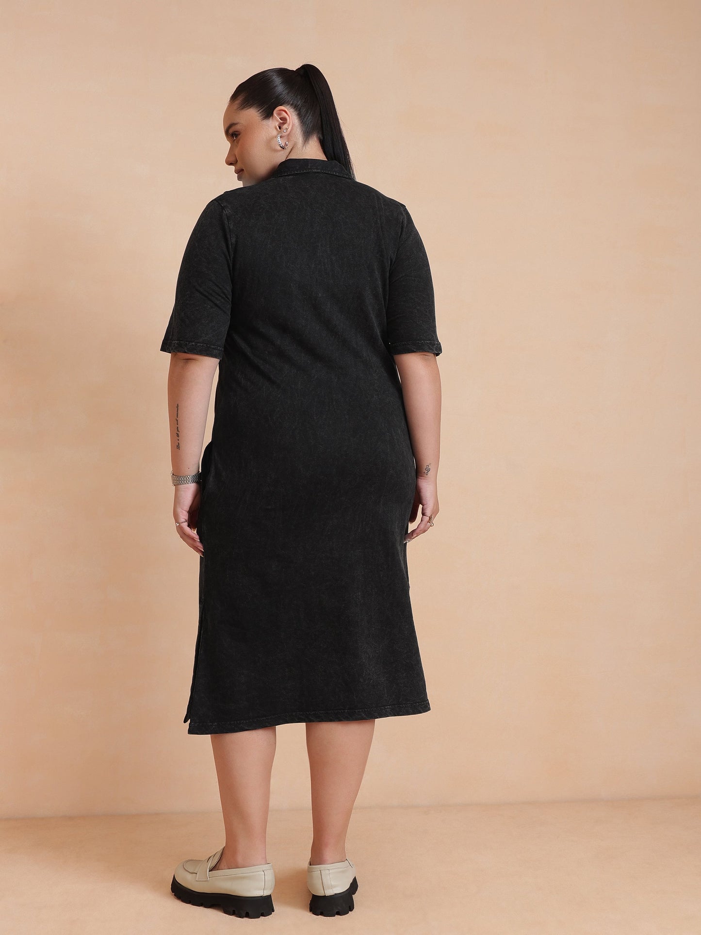 Black Overdyed Polo Neck Side Slit Midi Dress-SASSAFRAS Curve