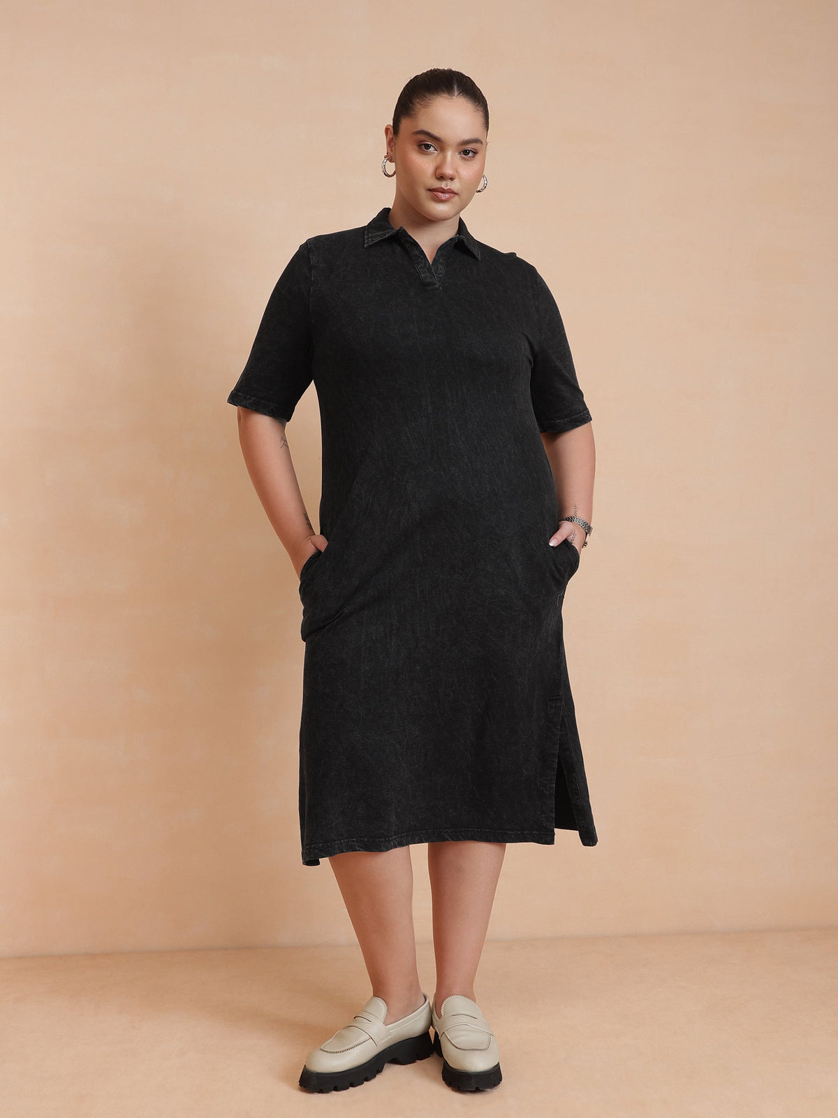 Black Overdyed Polo Neck Side Slit Midi Dress-SASSAFRAS Curve