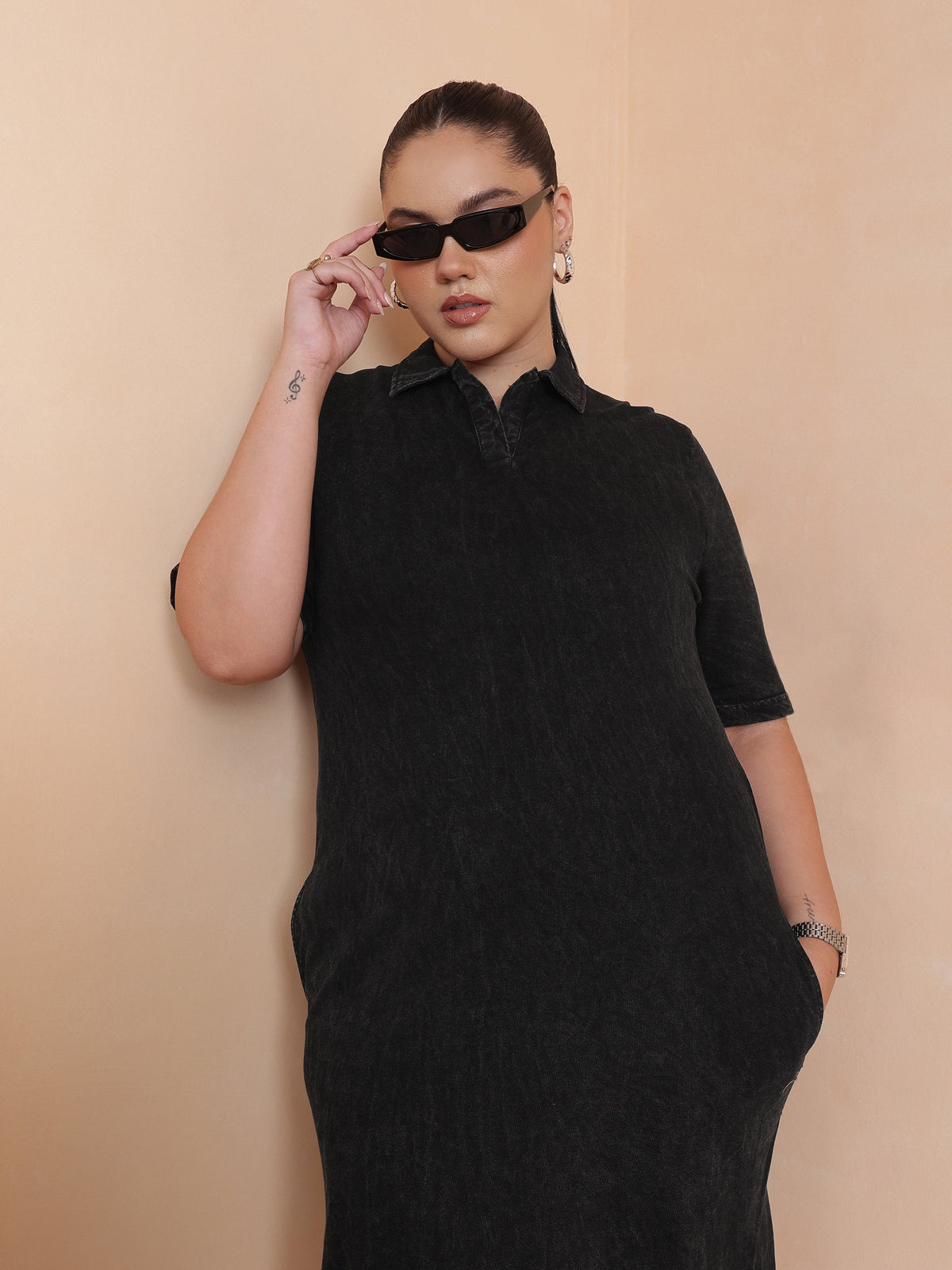 Black Overdyed Polo Neck Side Slit Midi Dress-SASSAFRAS Curve