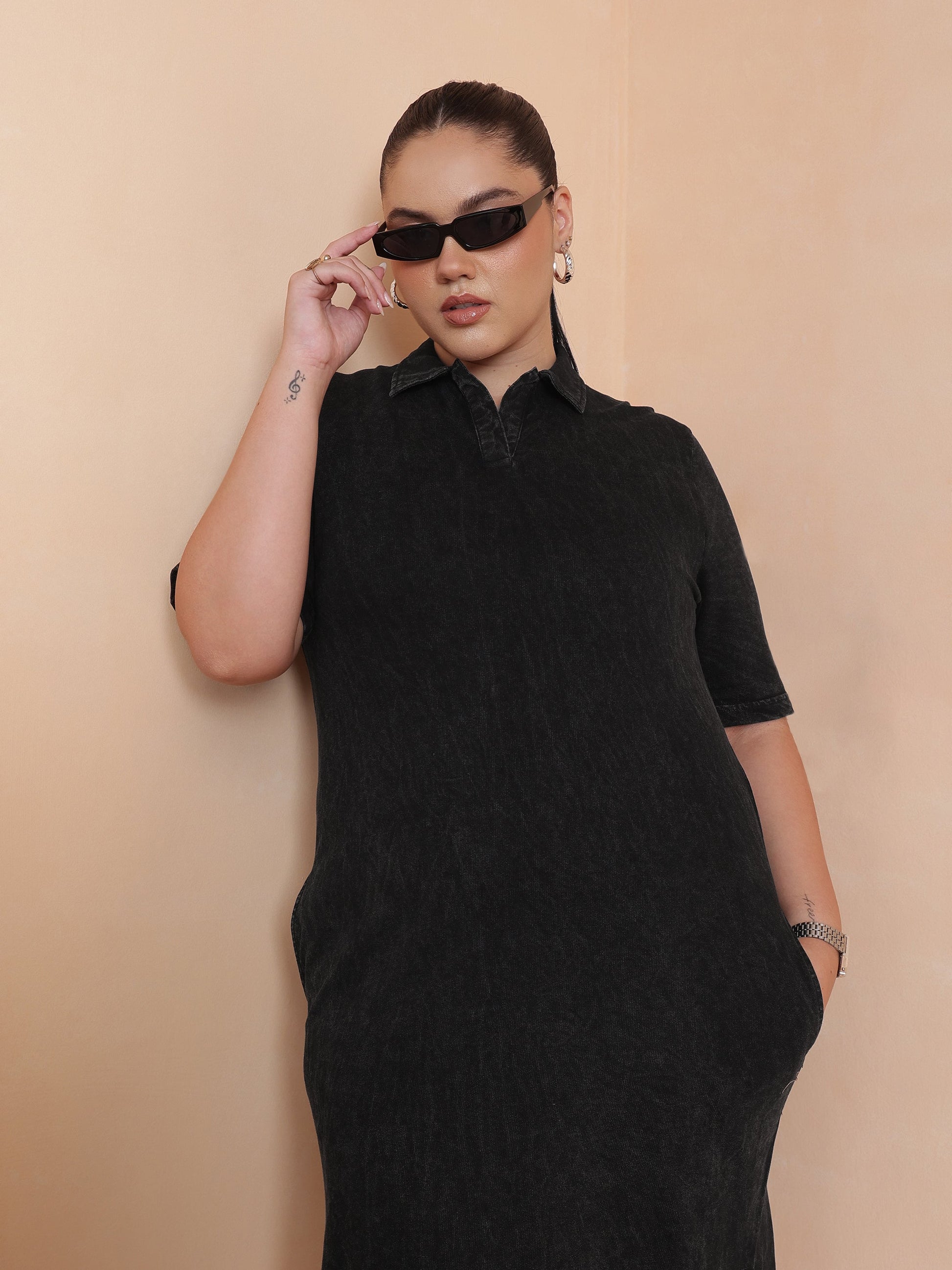 Black Overdyed Polo Neck Side Slit Midi Dress-SASSAFRAS Curve