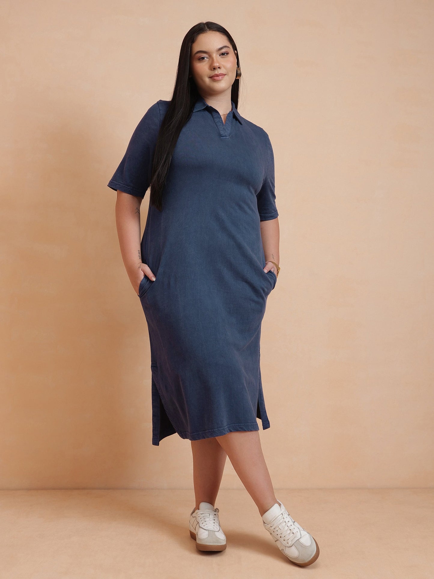 Navy Overdyed Polo Neck Side Slit Midi Dress-SASSAFRAS Curve