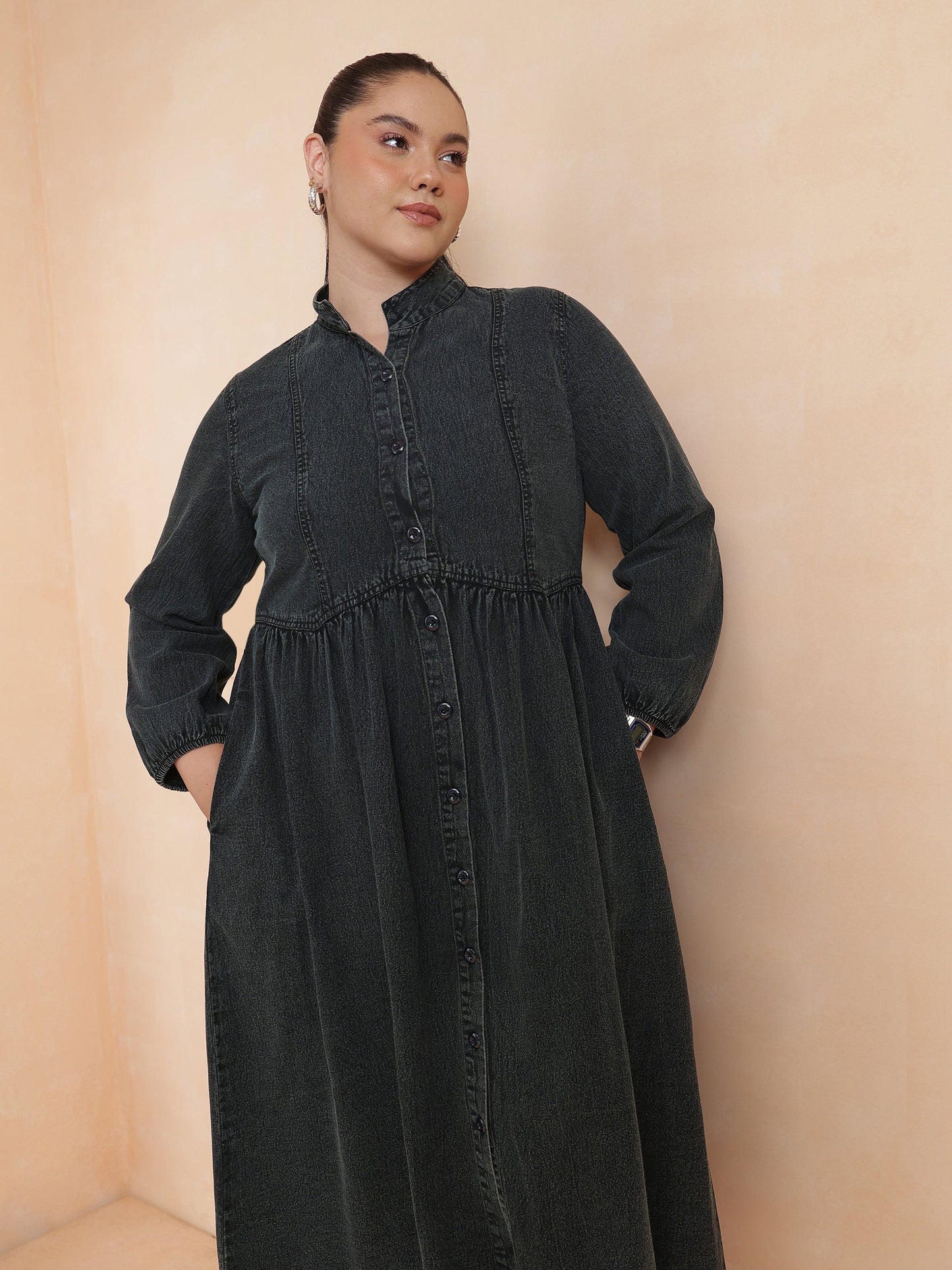 Black Wash Denim Button Down Midi Dress-SASSAFRAS Curve