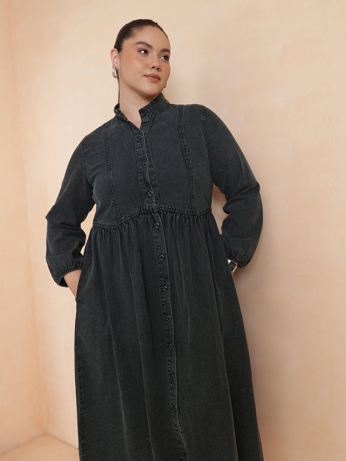 Black Wash Denim Button Down Midi Dress-SASSAFRAS Curve
