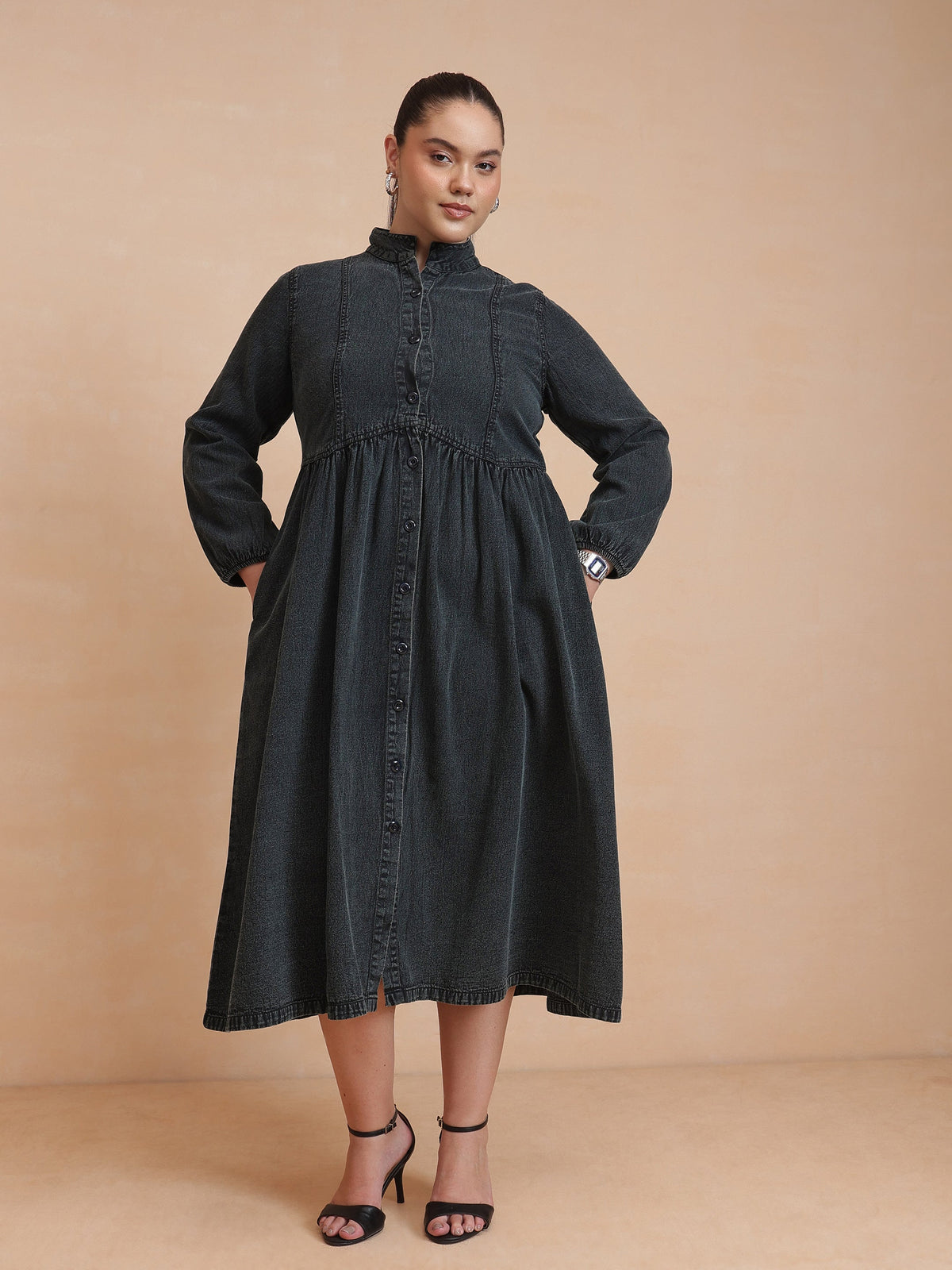 Black Wash Denim Button Down Midi Dress-SASSAFRAS Curve