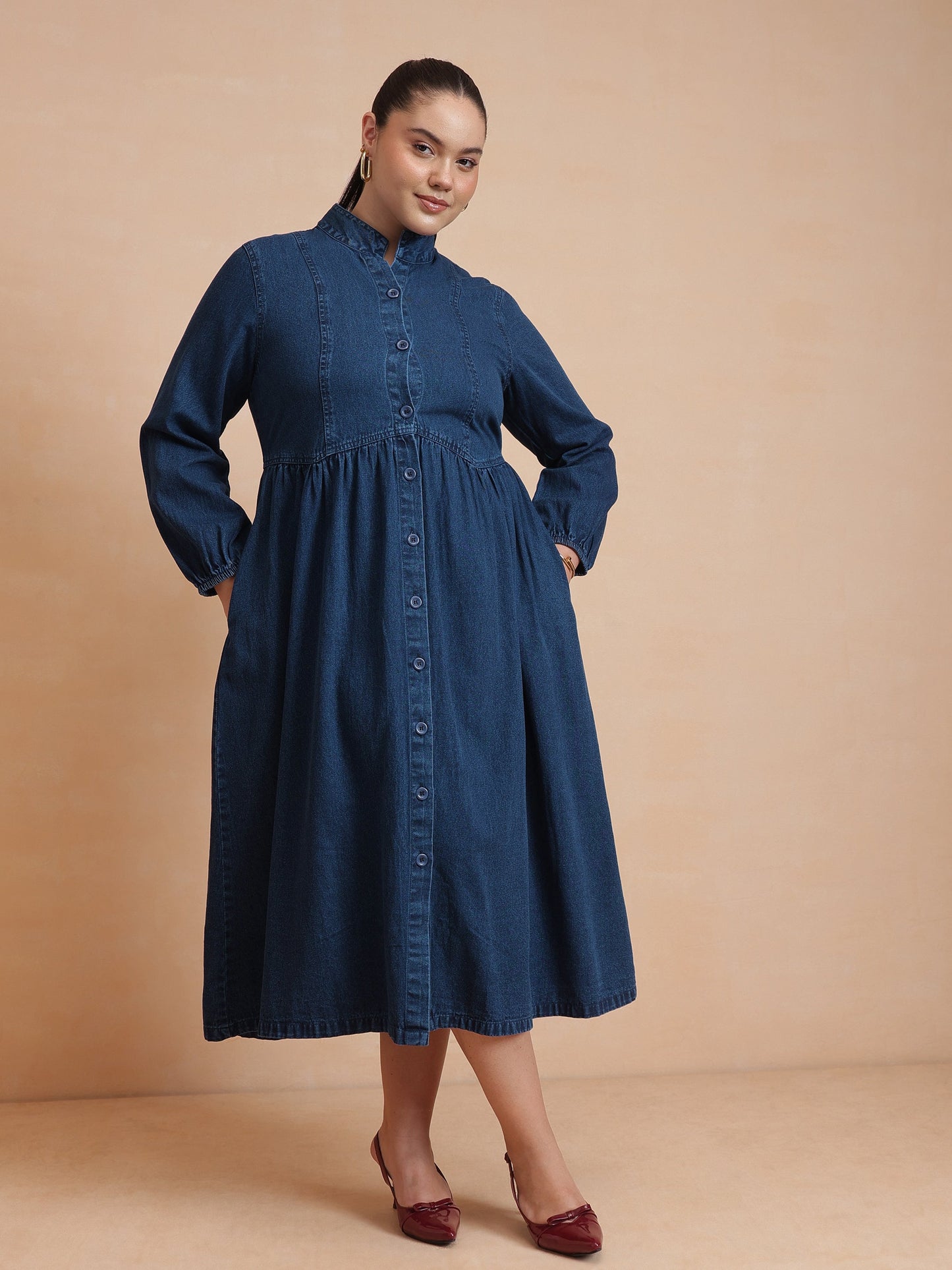 Navy Wash Denim Button Down Midi Dress-SASSAFRAS Curve