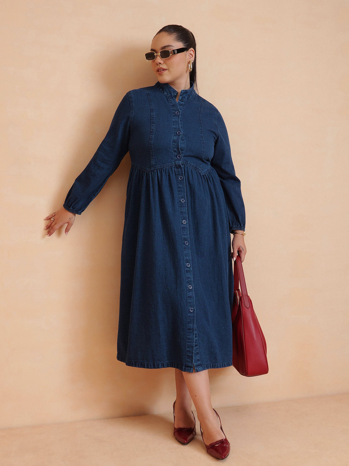 Navy Wash Denim Button Down Midi Dress-SASSAFRAS Curve