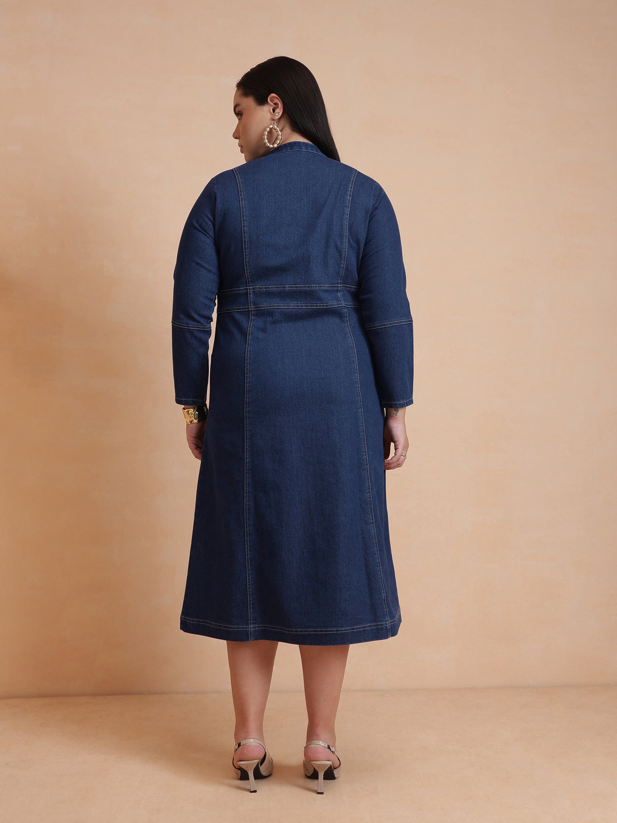 Navy Denim Front Zipper Midi Dress-SASSAFRAS Curve