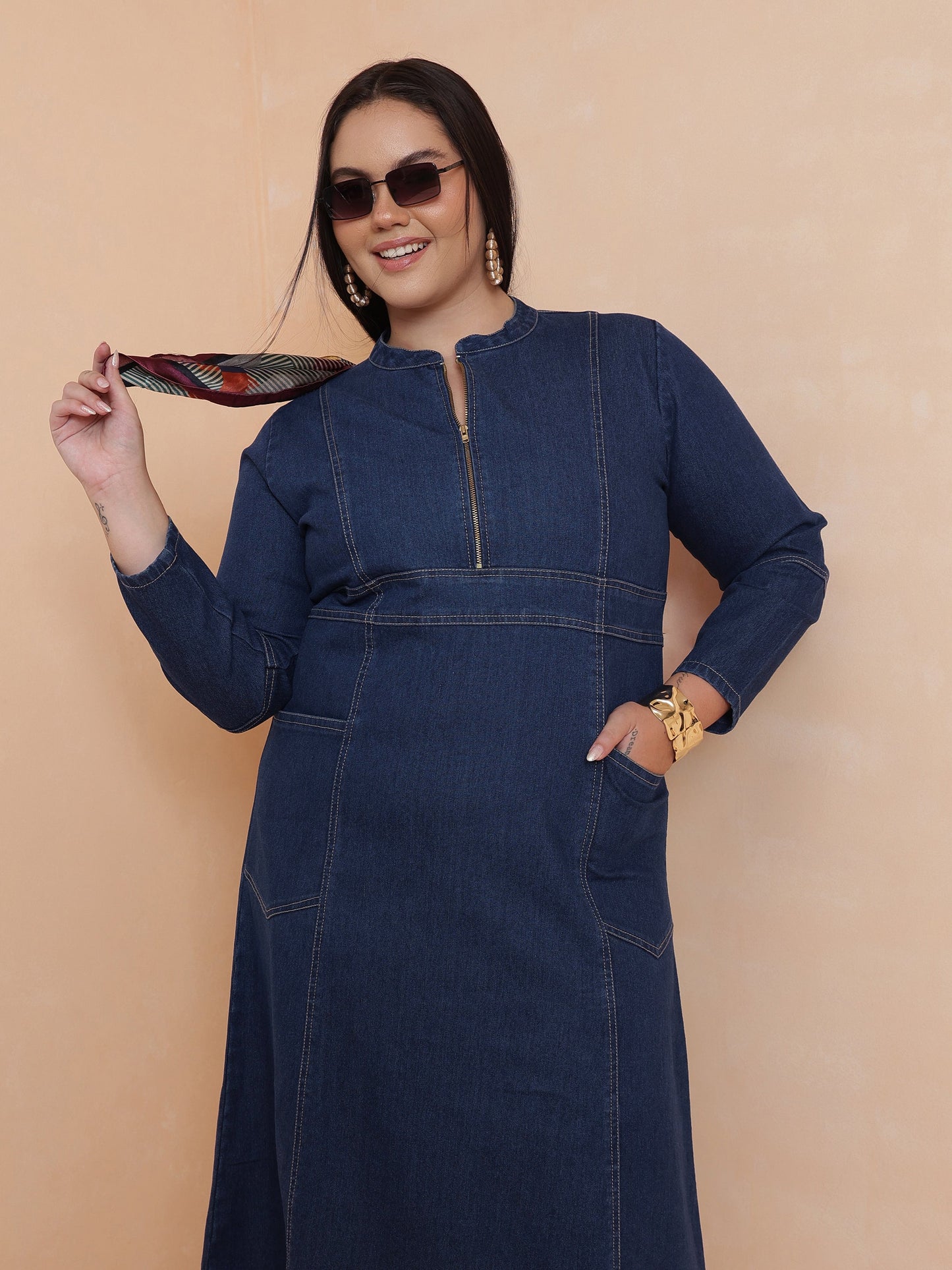 Navy Denim Front Zipper Midi Dress-SASSAFRAS Curve