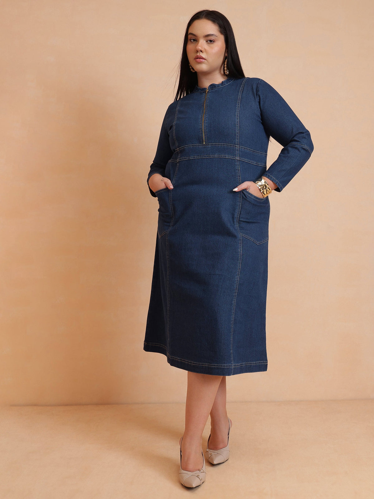 Navy Denim Front Zipper Midi Dress-SASSAFRAS Curve