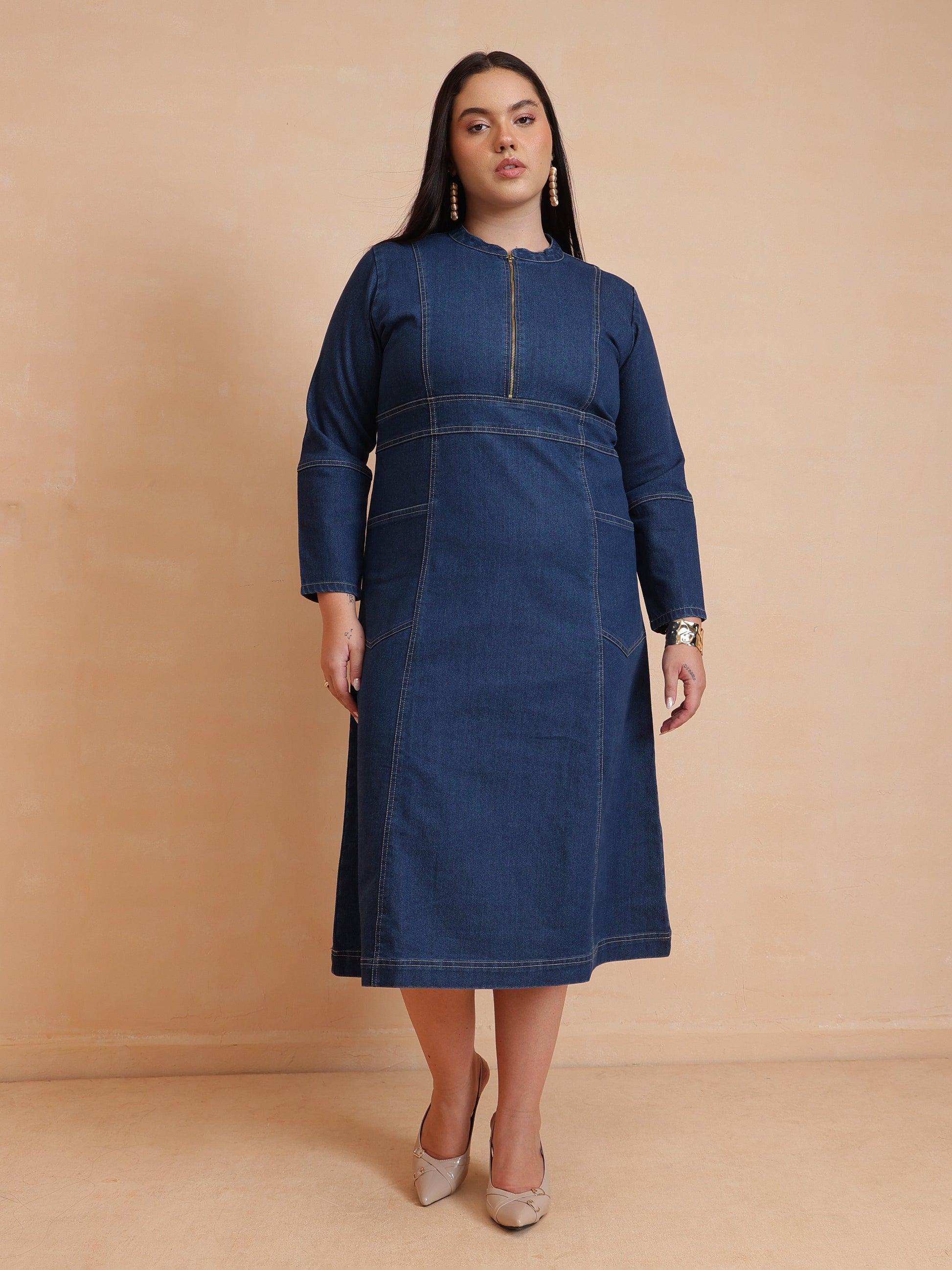 Navy Denim Front Zipper Midi Dress-SASSAFRAS Curve