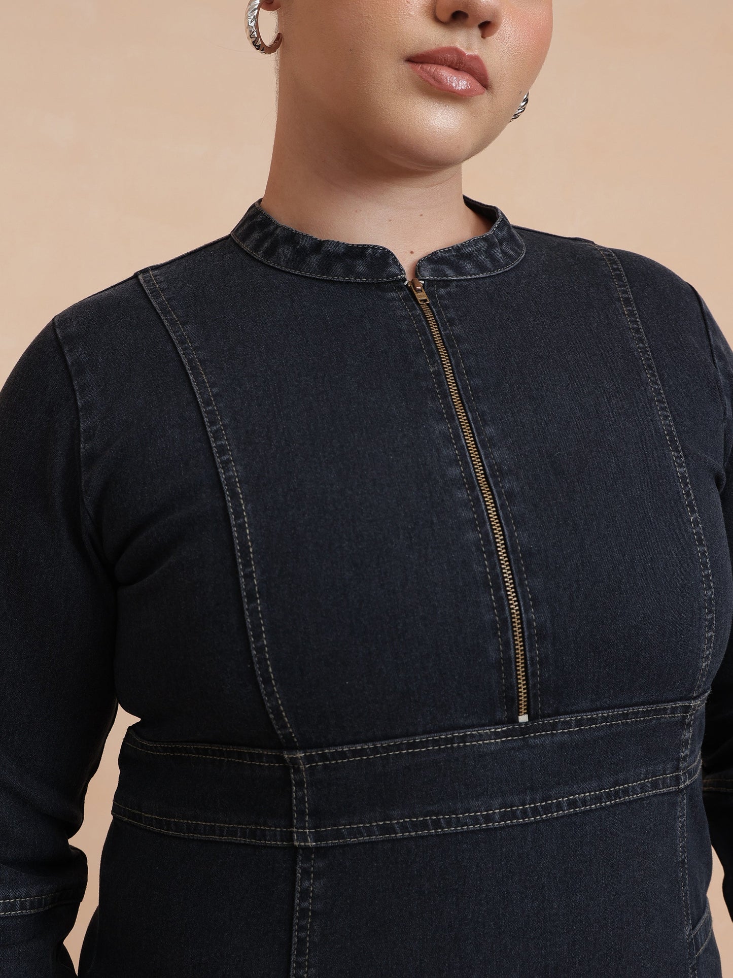 Black Wash Denim Front Zipper Midi Dress-SASSAFRAS Curve