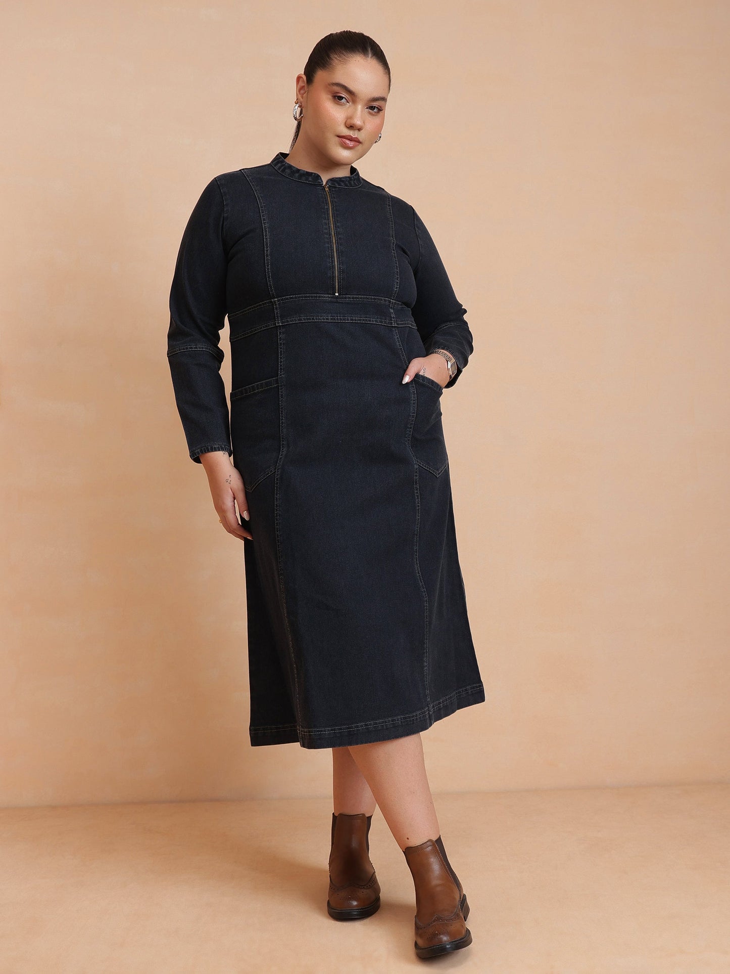 Black Wash Denim Front Zipper Midi Dress-SASSAFRAS Curve
