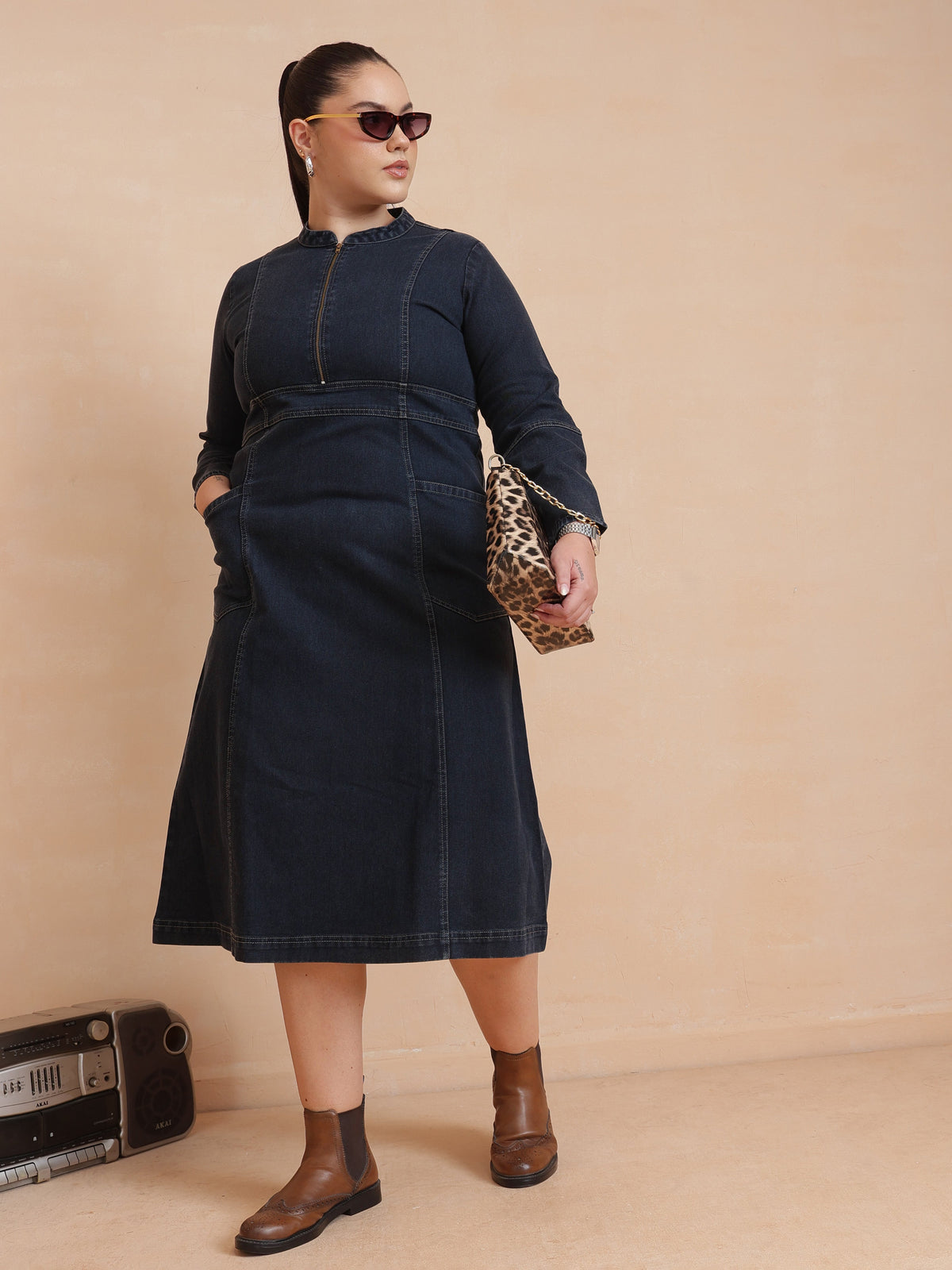 Black Wash Denim Front Zipper Midi Dress-SASSAFRAS Curve