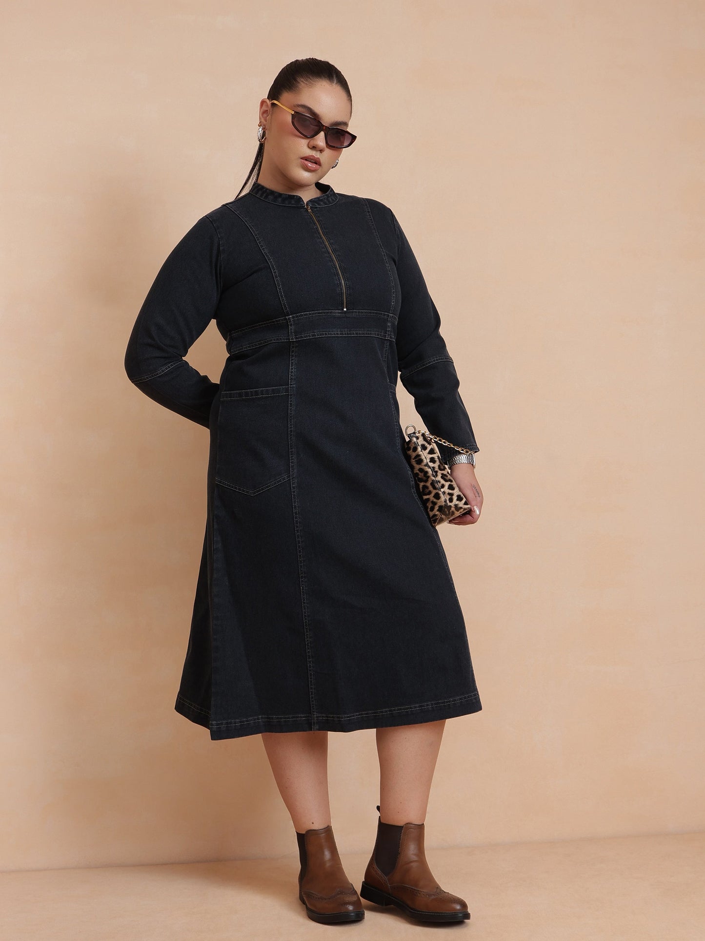 Black Wash Denim Front Zipper Midi Dress-SASSAFRAS Curve