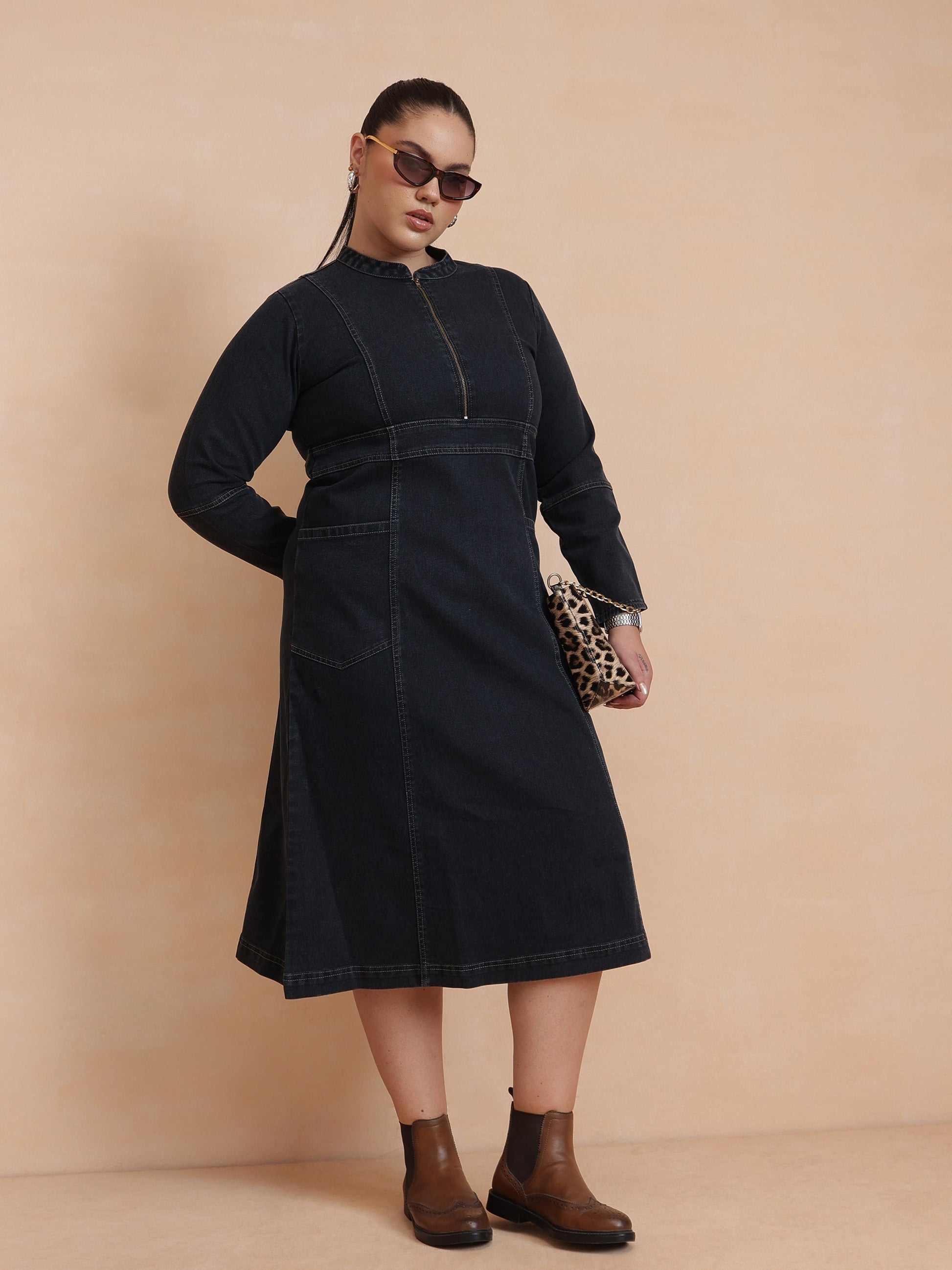 Black Wash Denim Front Zipper Midi Dress-SASSAFRAS Curve