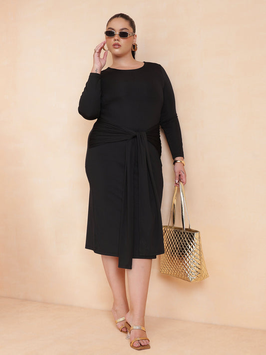 Black Front Tie-Knot Bodycon Midi Dress -SASSAFRAS Curve