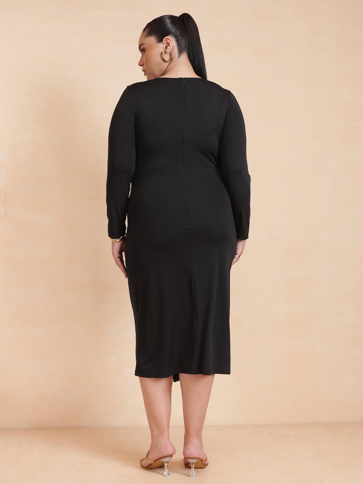 Black Front Tie-Knot Bodycon Midi Dress -SASSAFRAS Curve