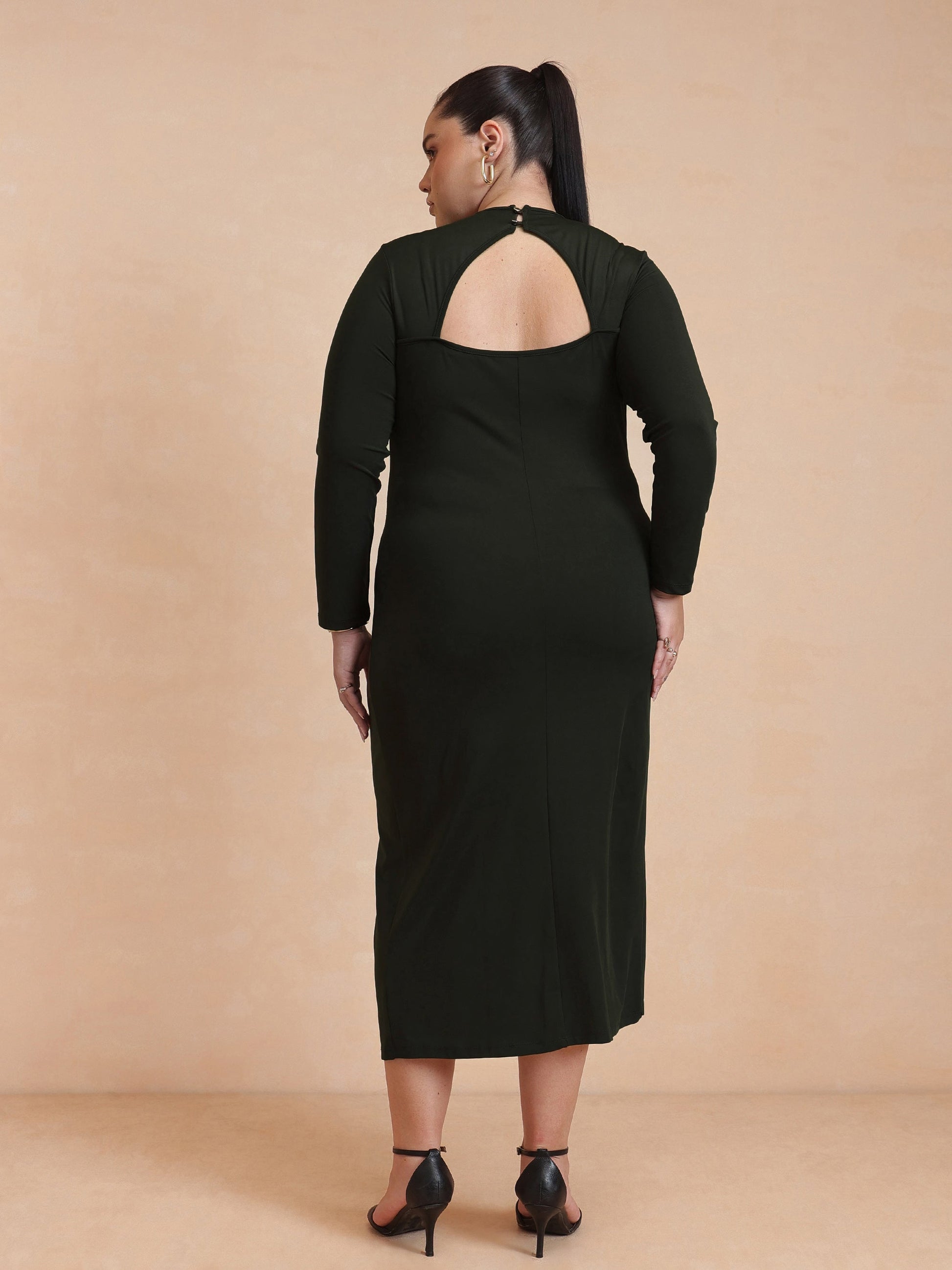 Olive Full Sleeves Wrap Dress-SASSAFRAS Curve