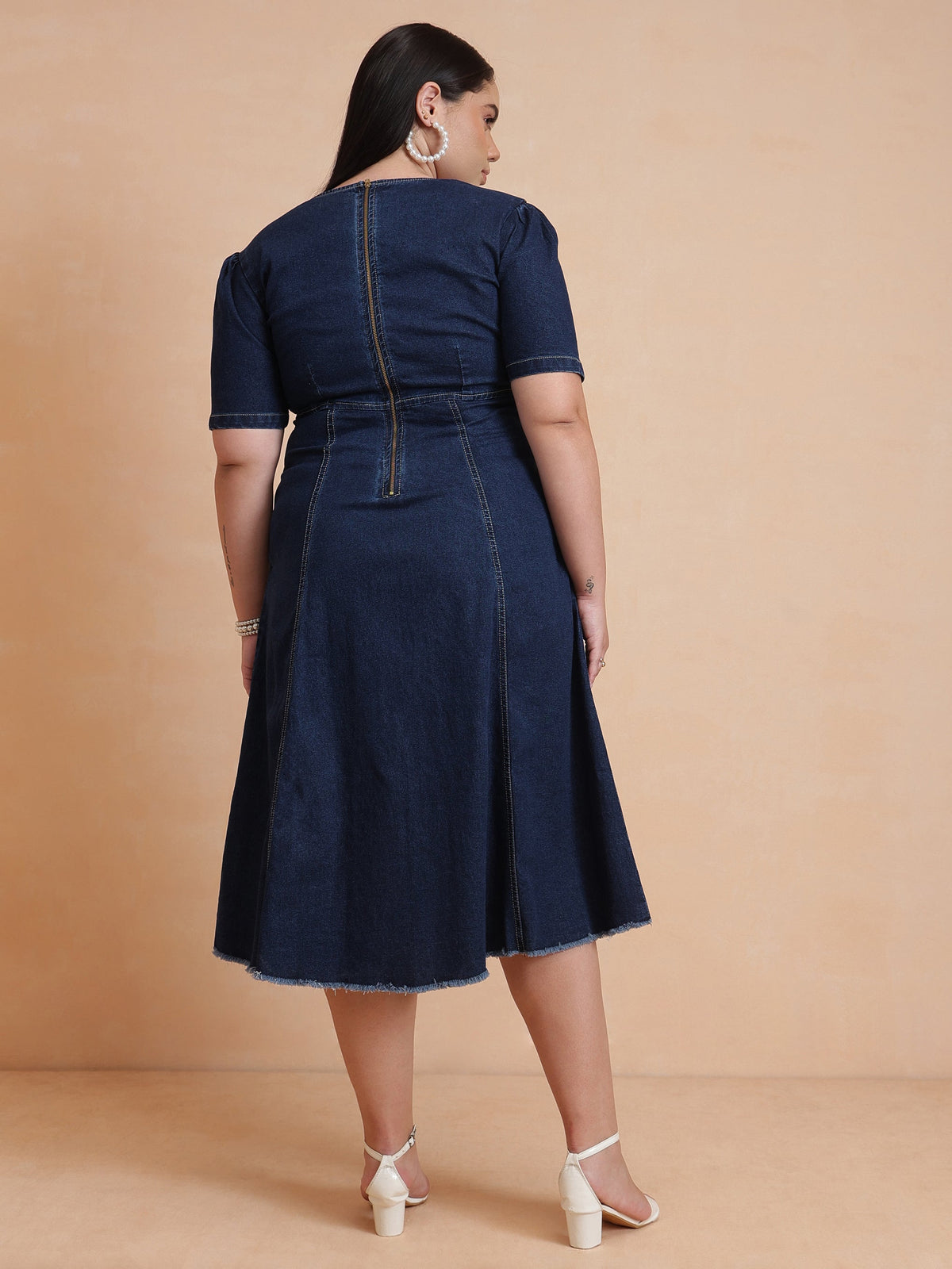 Navy Denim Low Waist Midi Dress-SASSAFRAS Curve