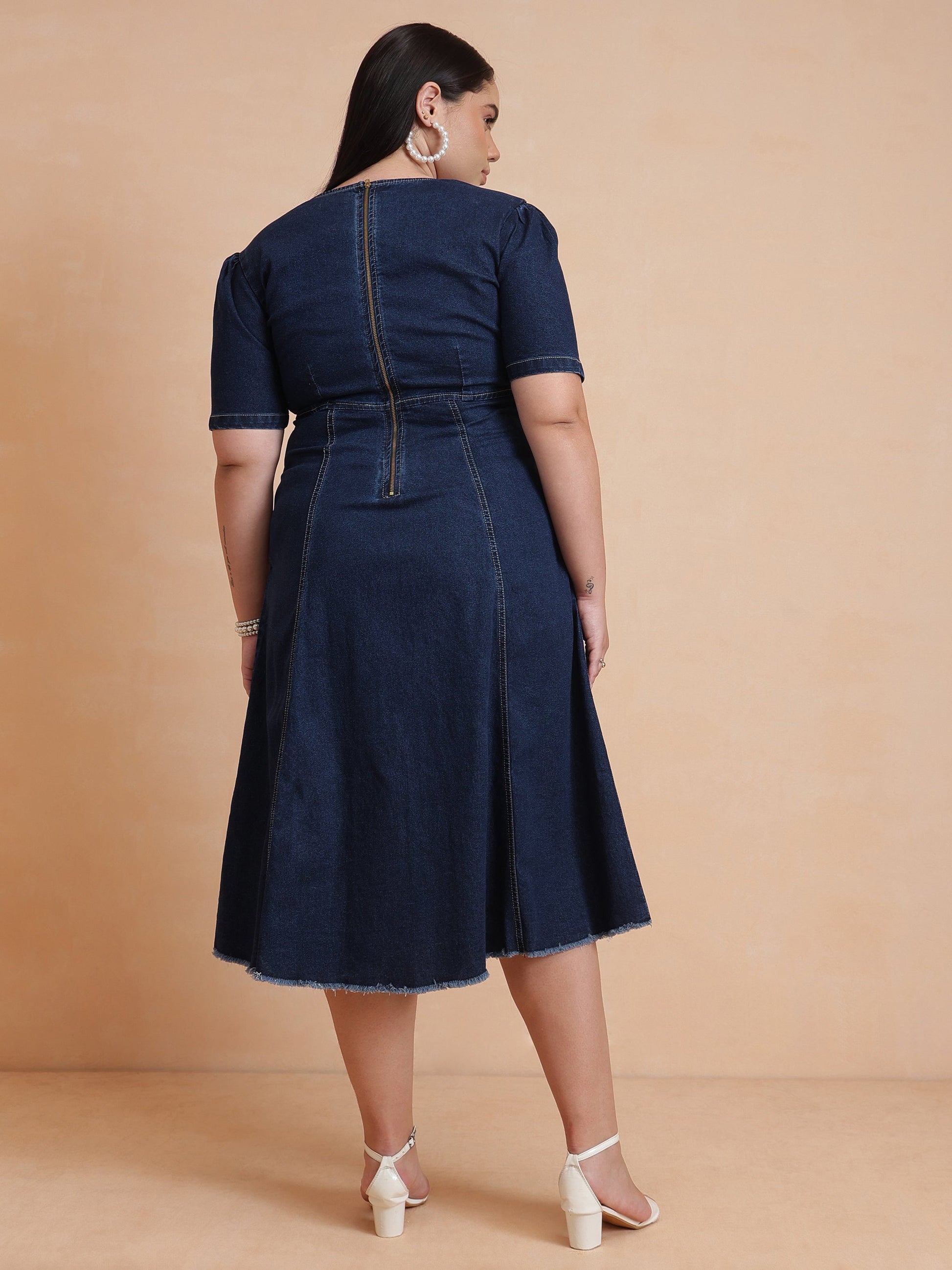 Navy Denim Low Waist Midi Dress-SASSAFRAS Curve