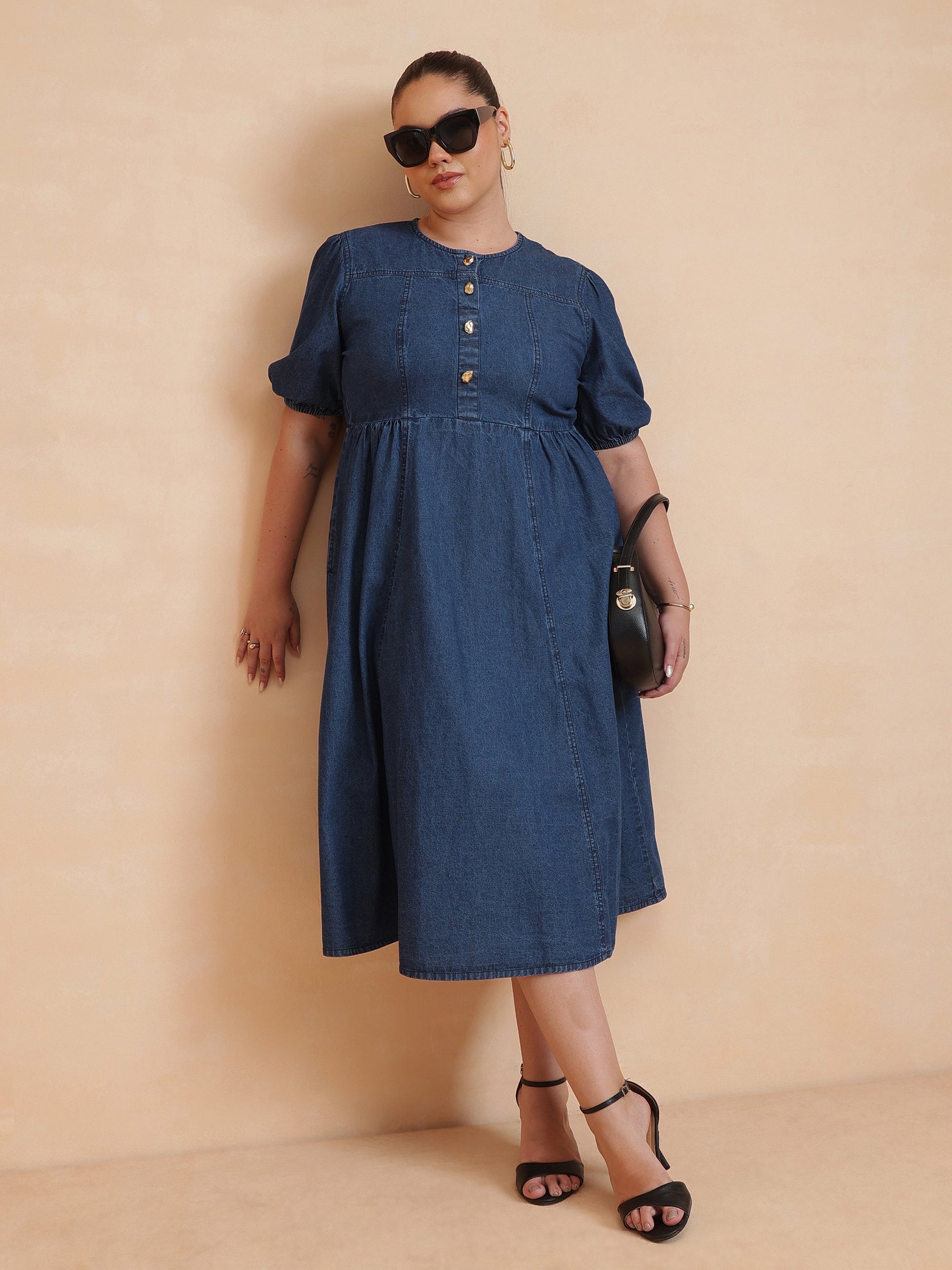 Navy Denim Front Button Midi Dress-SASSAFRAS Curve
