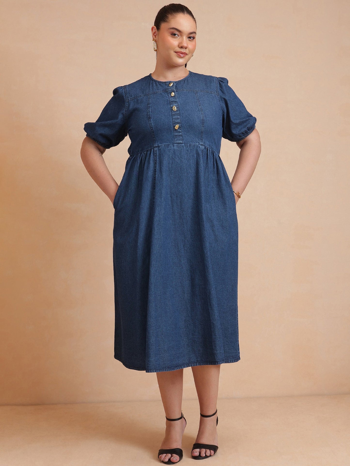 Navy Denim Front Button Midi Dress-SASSAFRAS Curve