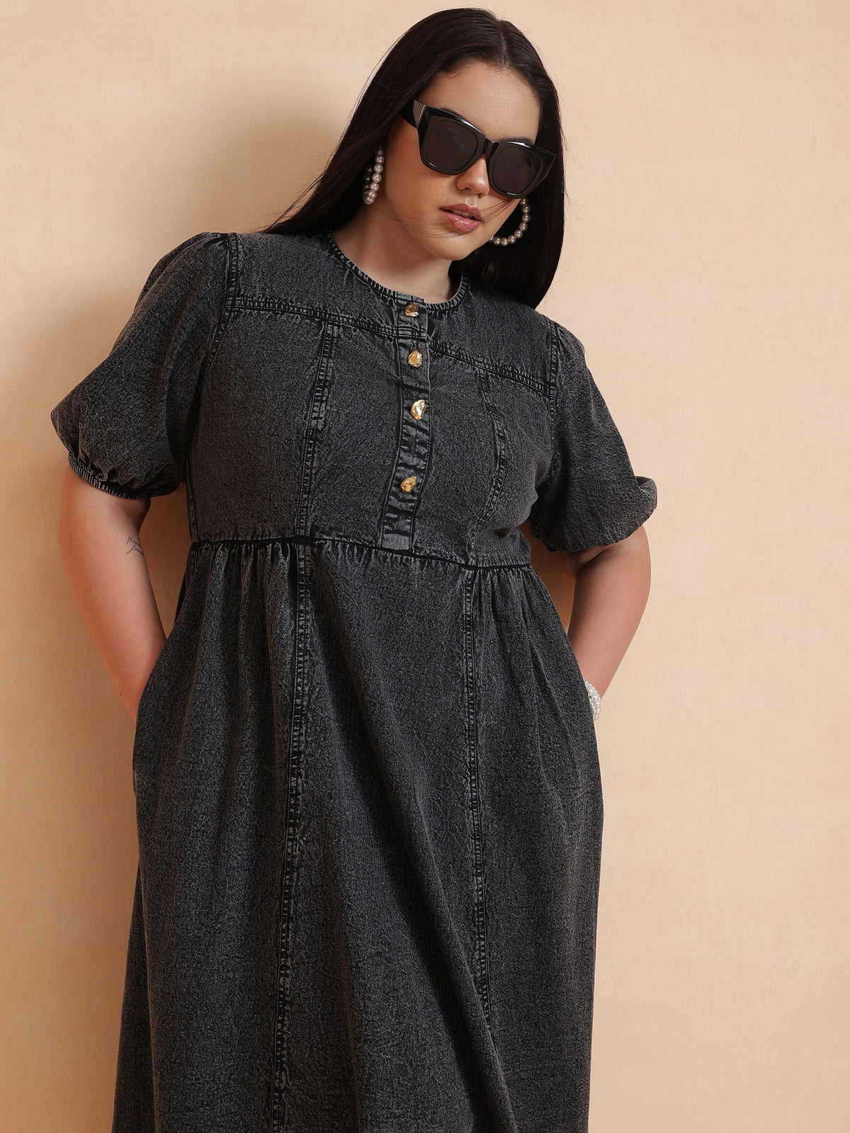 Black Denim Front Button Midi Dress-SASSAFRAS Curve