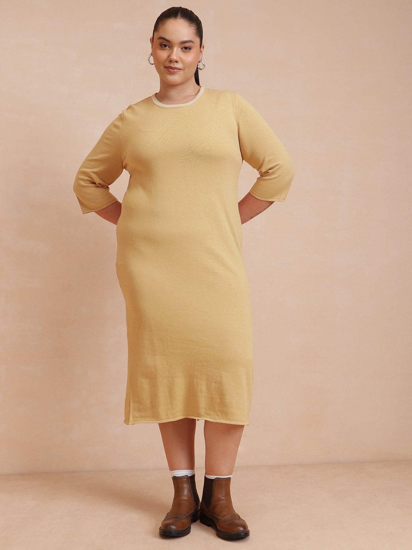 Beige Knit Striped-Ribbed Neck Midi Dress-SASSAFRAS Curve