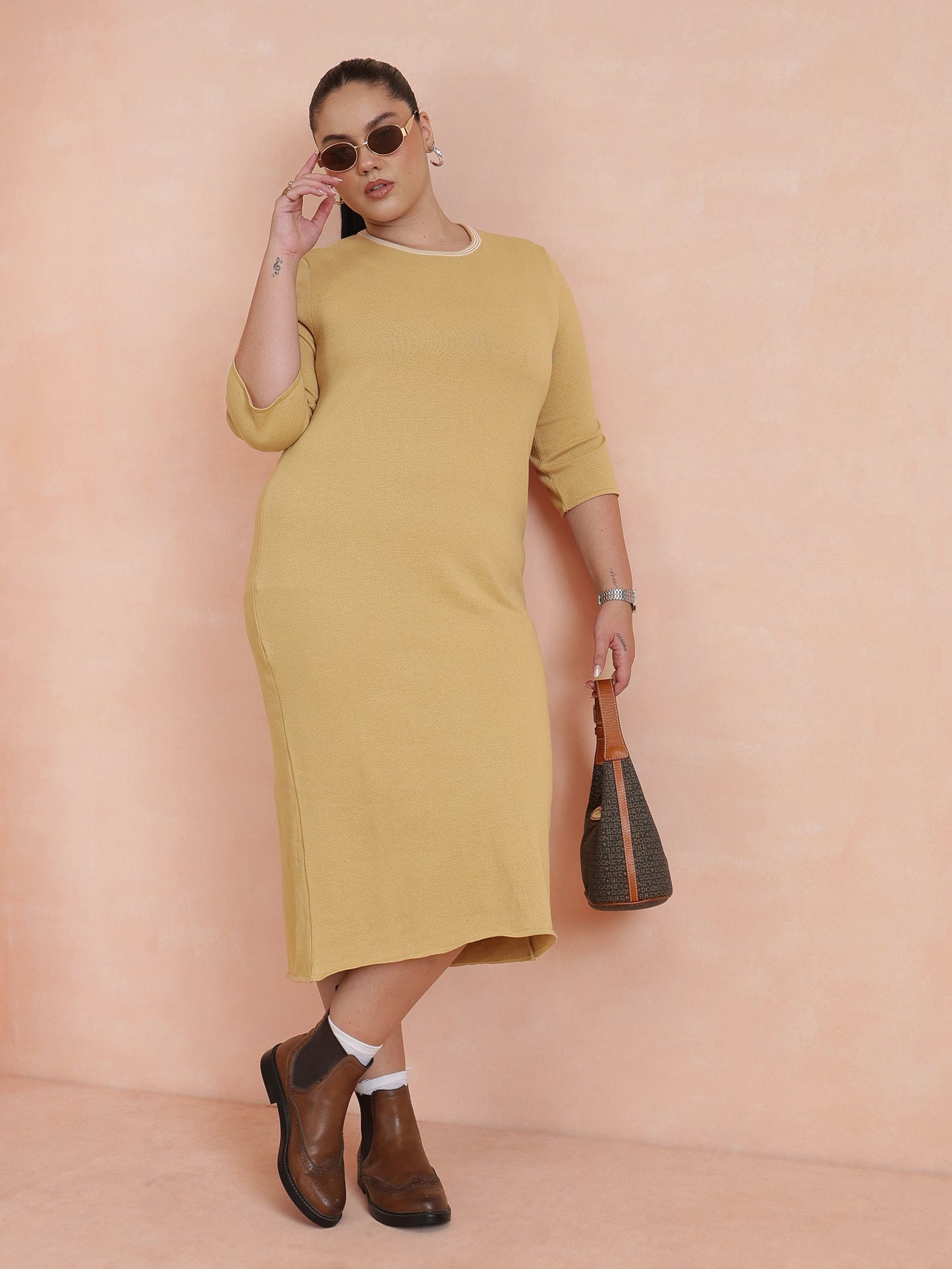 Beige Knit Striped-Ribbed Neck Midi Dress-SASSAFRAS Curve