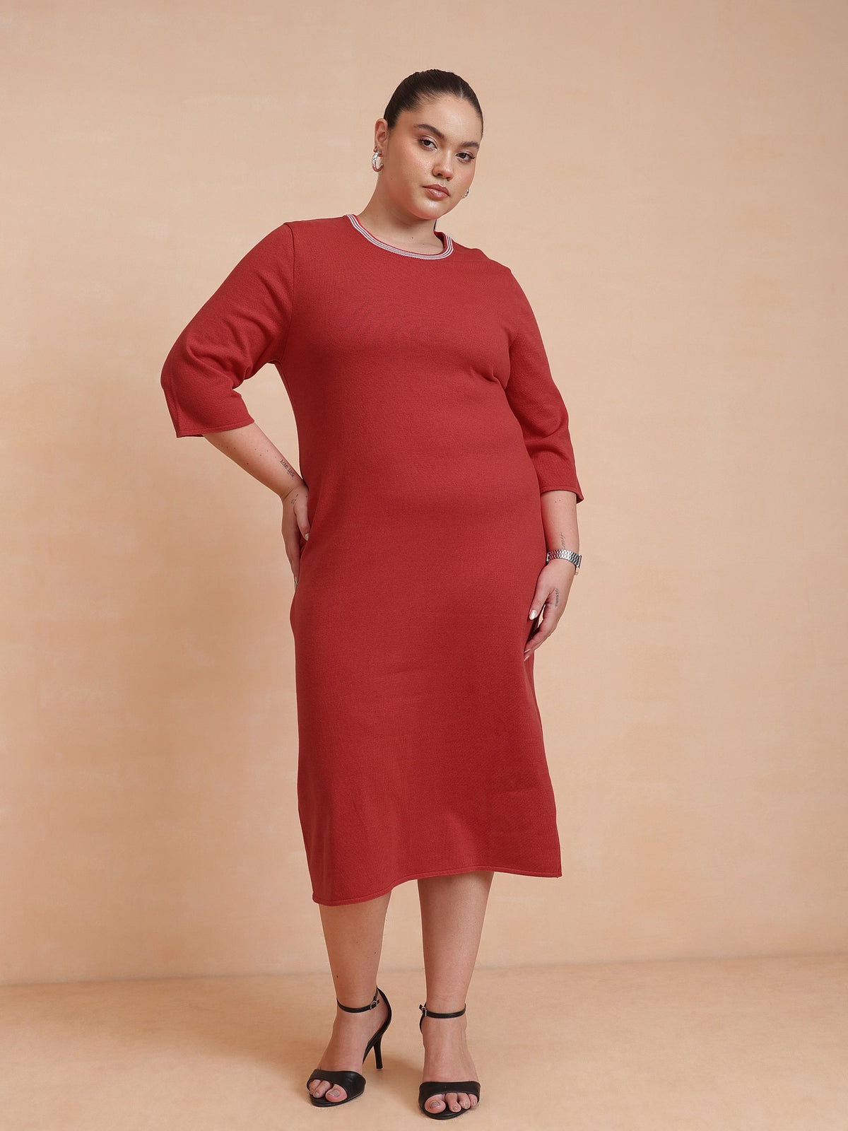 Red Knit Striped-Ribbed Neck Midi Dress-SASSAFRAS Curve