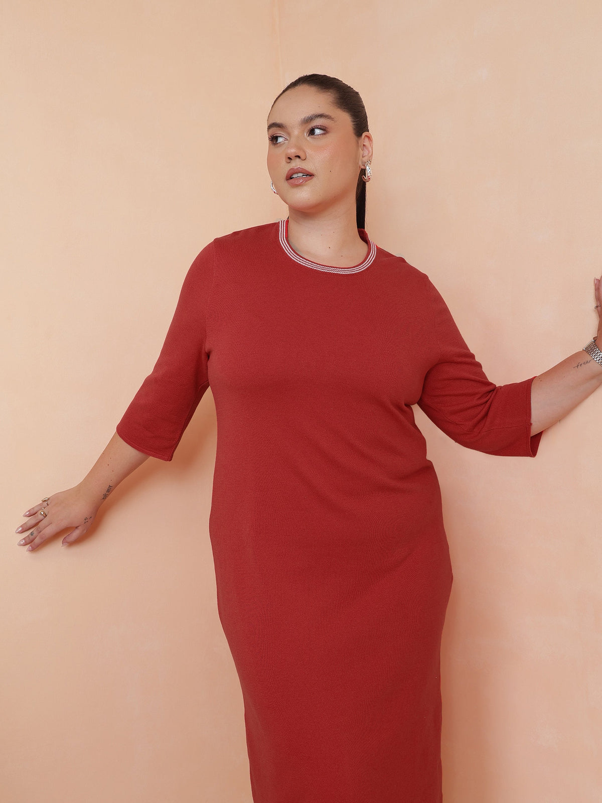 Red Knit Striped-Ribbed Neck Midi Dress-SASSAFRAS Curve