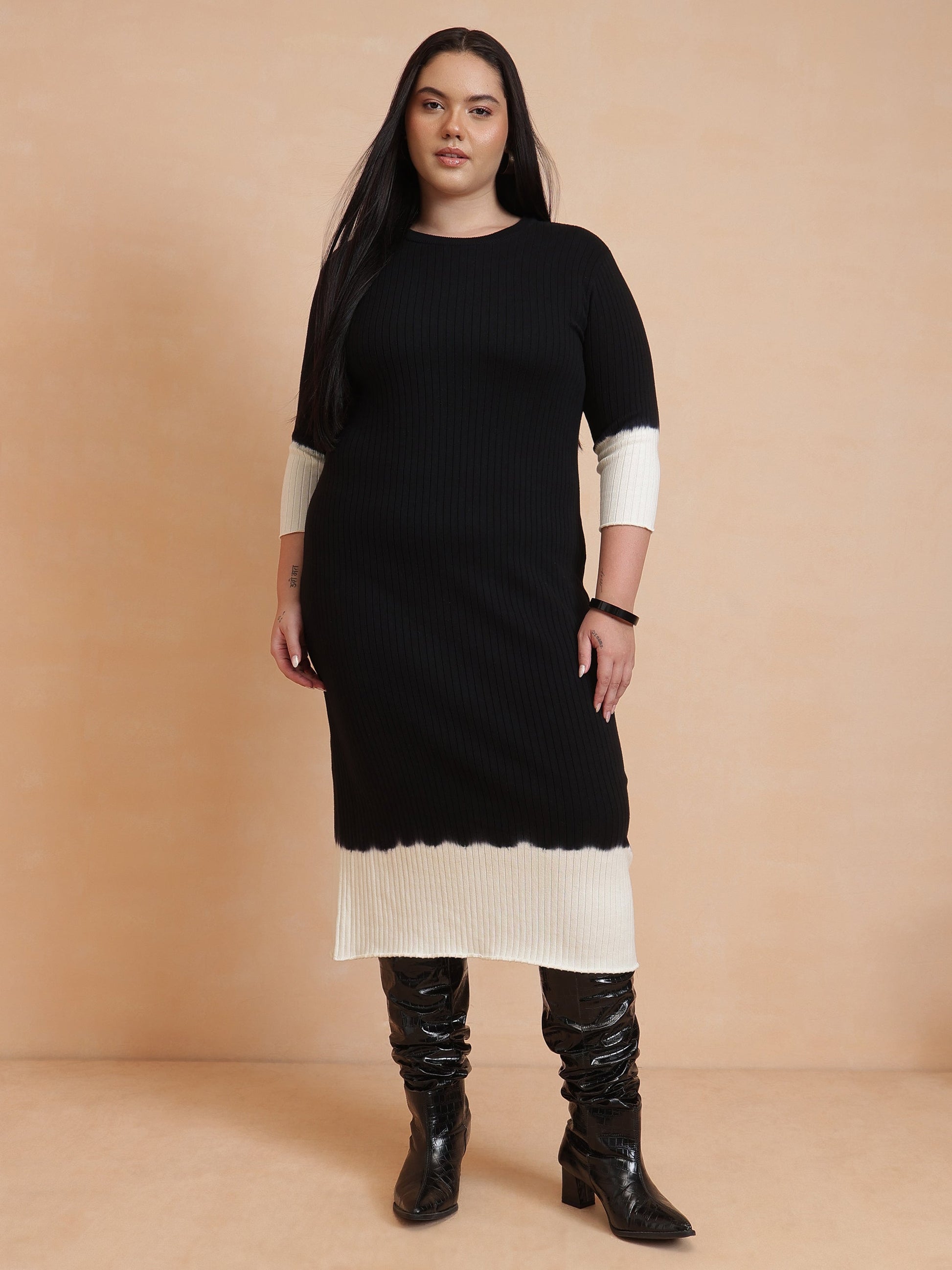 Black & White Knit Round Neck Midi Dress-SASSAFRAS Curve