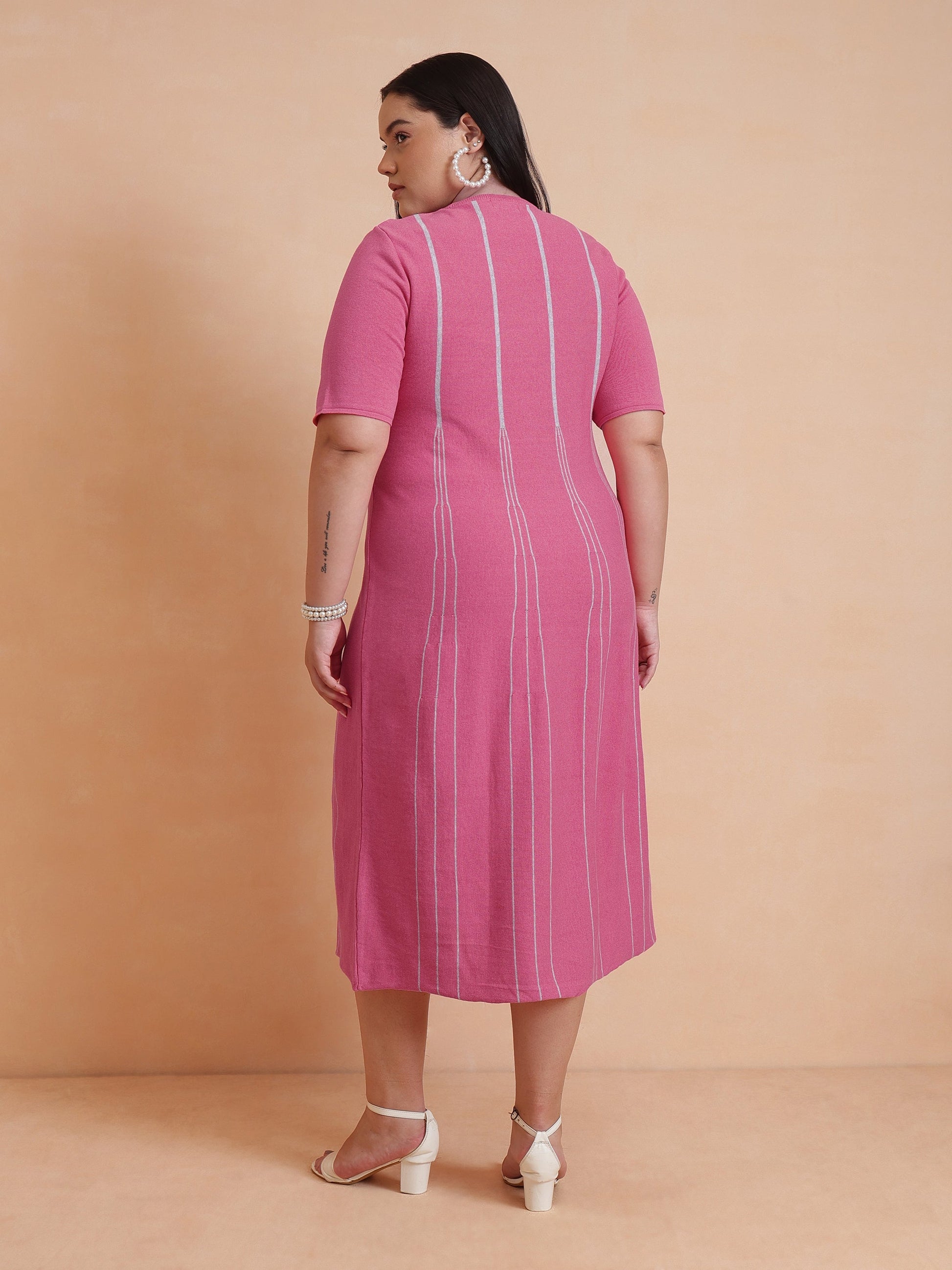 Pink & Grey Stripe Knit Short Sleeves Midi Dress-SASSAFRAS Curve
