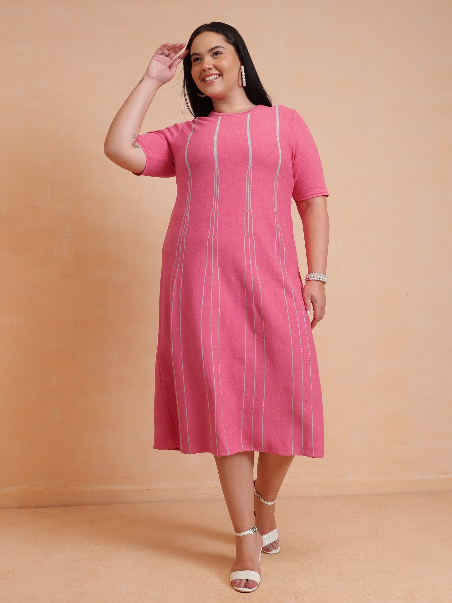 Pink & Grey Stripe Knit Short Sleeves Midi Dress-SASSAFRAS Curve