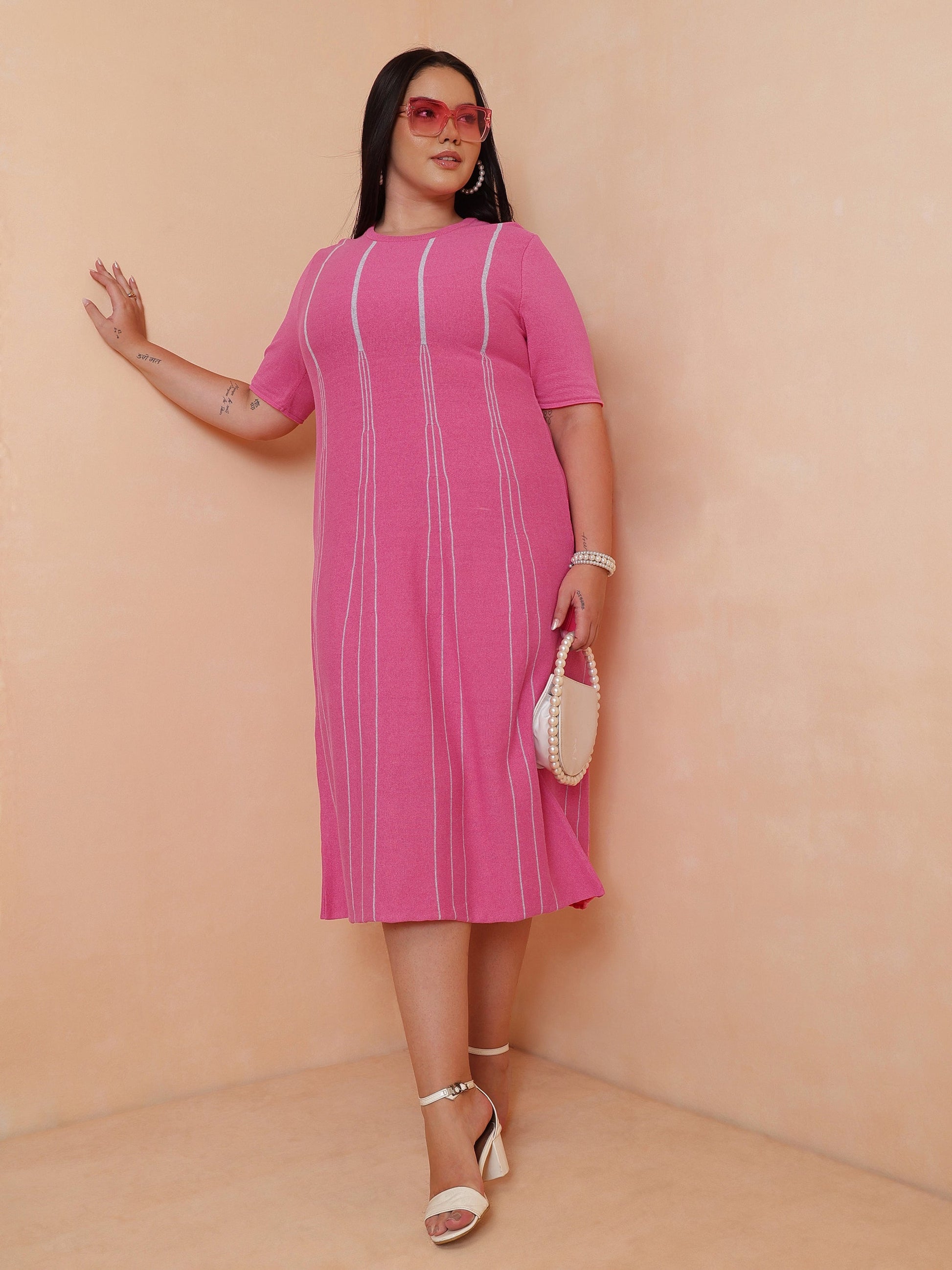Pink & Grey Stripe Knit Short Sleeves Midi Dress-SASSAFRAS Curve