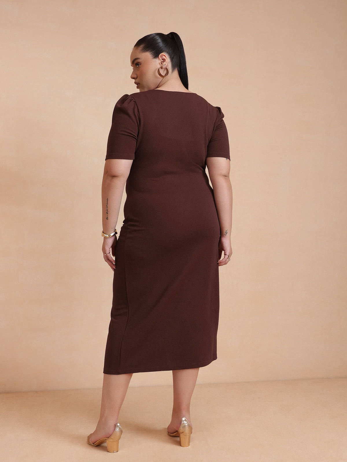 Brown Side Button Bodycon Dress-SASSAFRAS Curve