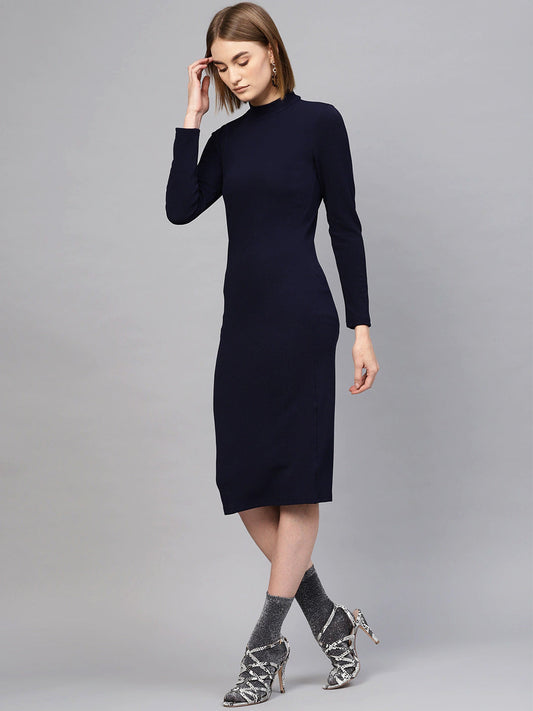 Navy High Neck Bodycon Midi Dress